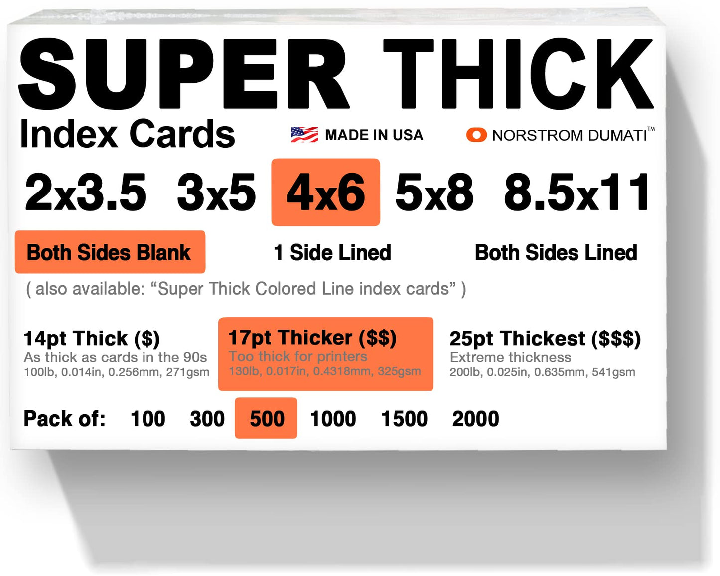500 SUPER THICK index cards / 4"x6" / 17pt (0.017") 130lb / blank un-ruled/archival acid-free in