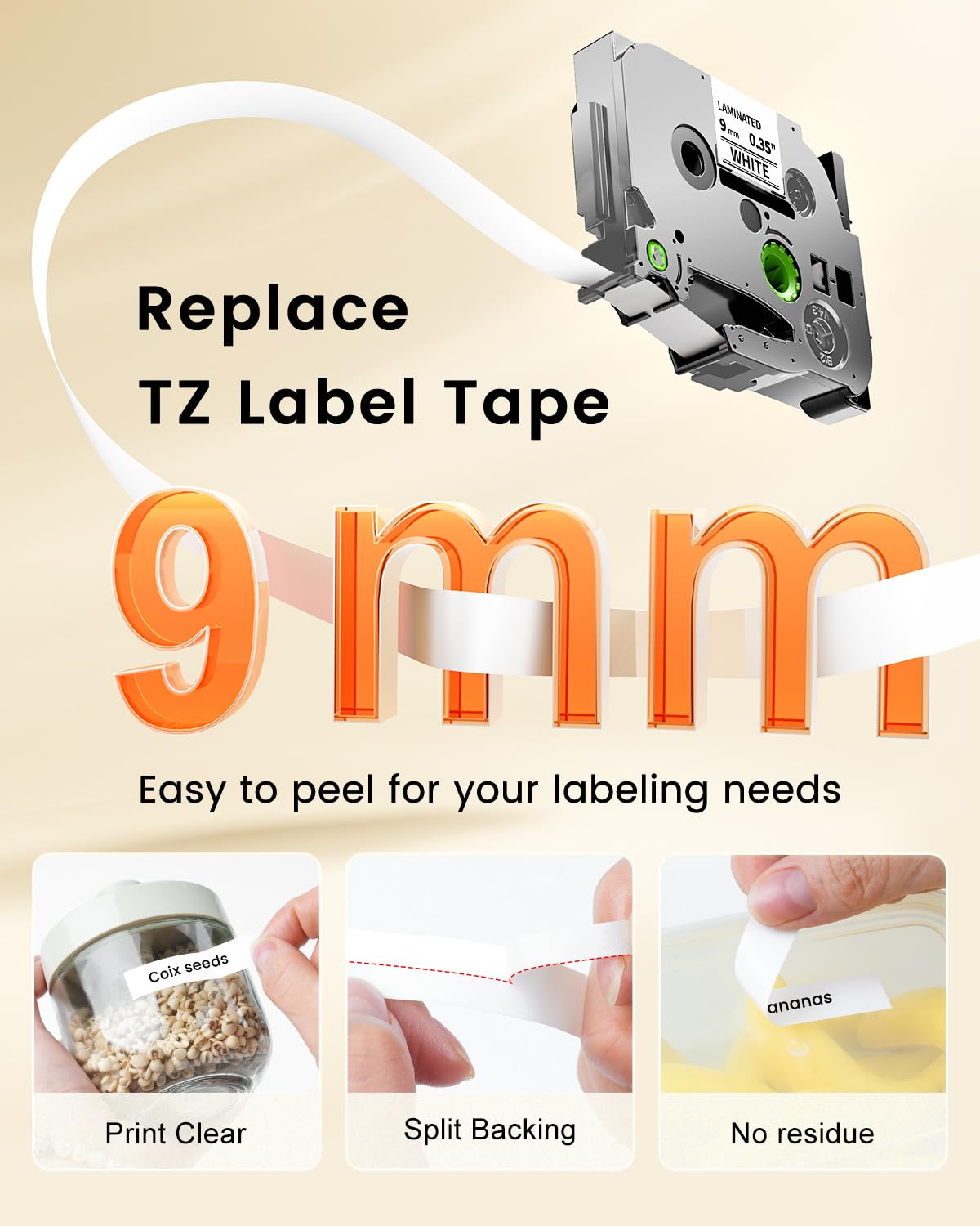 TZe-221 9mm 0.35 Laminated White Tape Replacement for Brother P-Touch