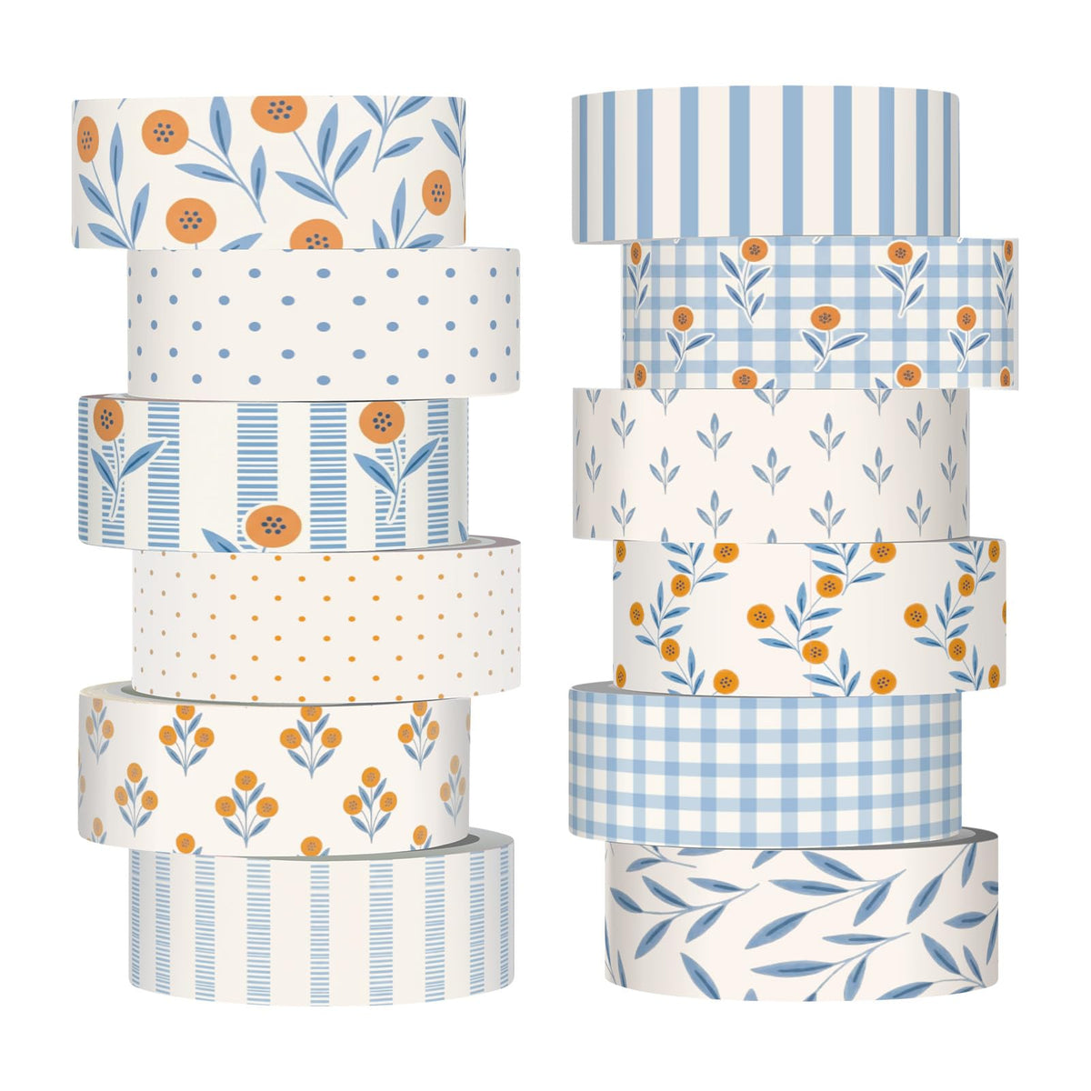 YooNotee 12 Rolls Floral Washi Tape Set,Beige and Blue,Floral Plaid