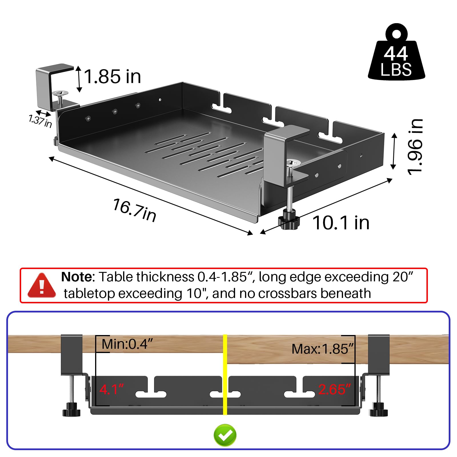 BYMECOST No Drill Under Desk Laptop Mount, Metal Under Desk Storage Shelf