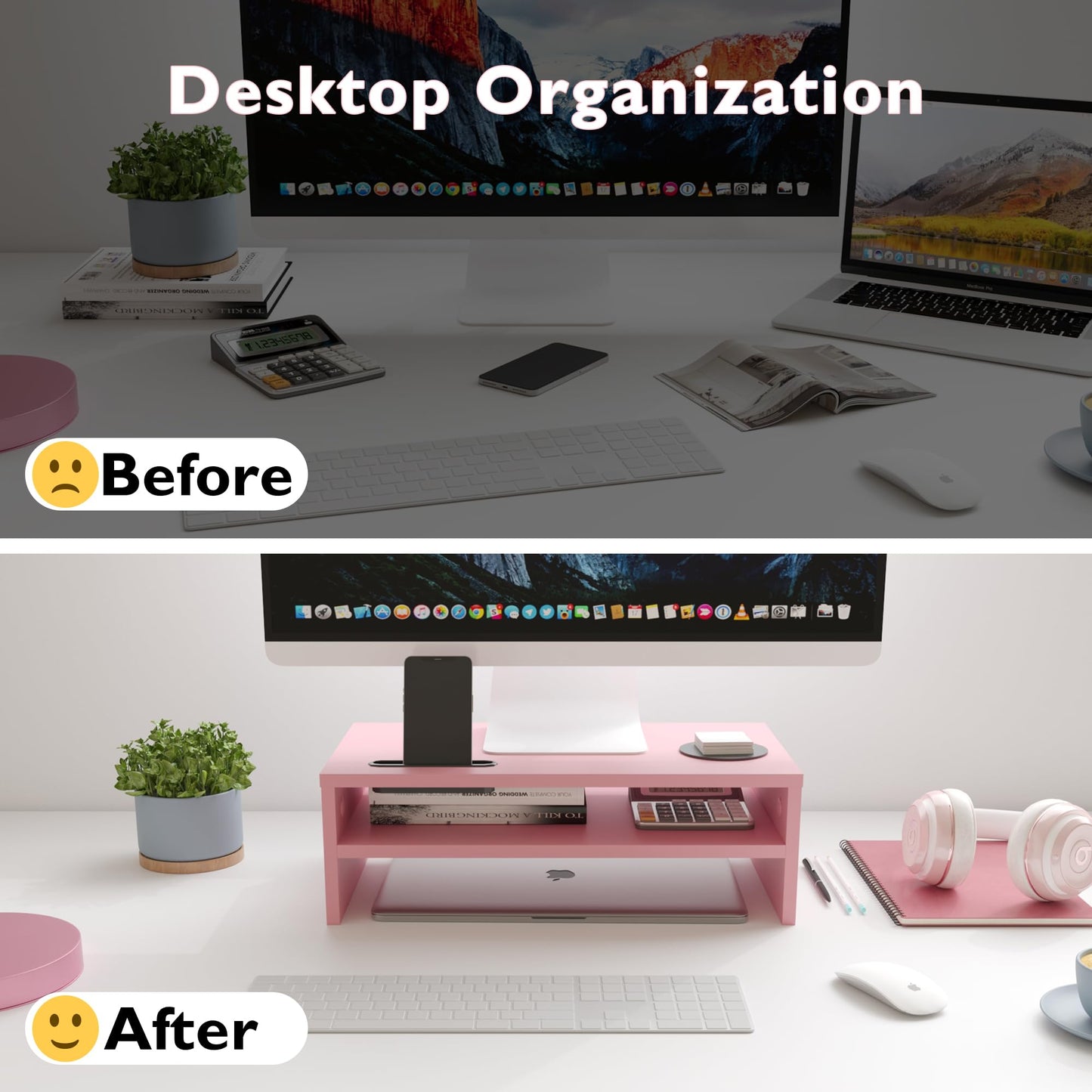 BONTEC Wooden Monitor Stand Riser for Desk, 2-Tier Computer Monitor Stand