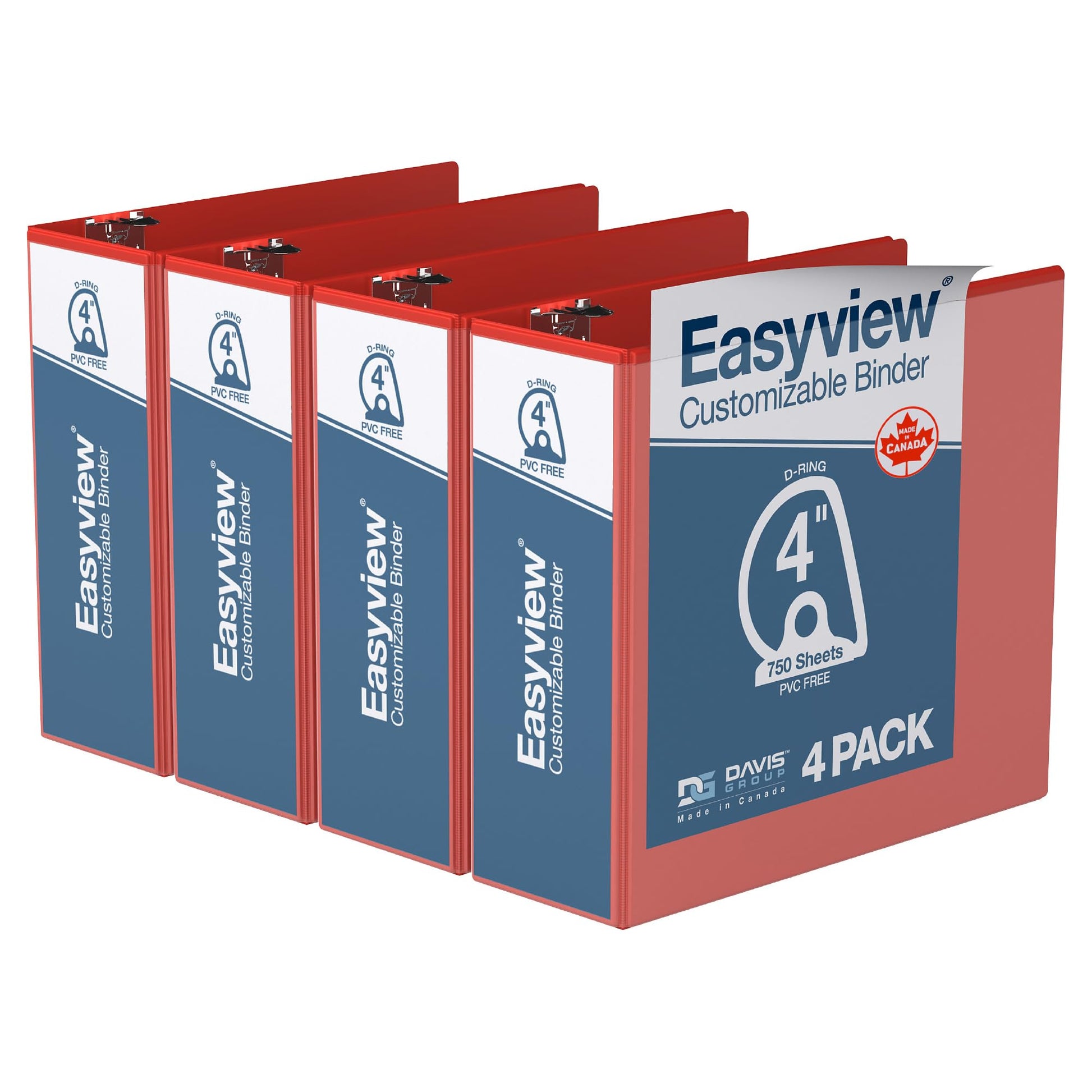 Easyview 3-Ring Binder, Clear-View Cover, 4" D Rings, Red, 4 Pack
