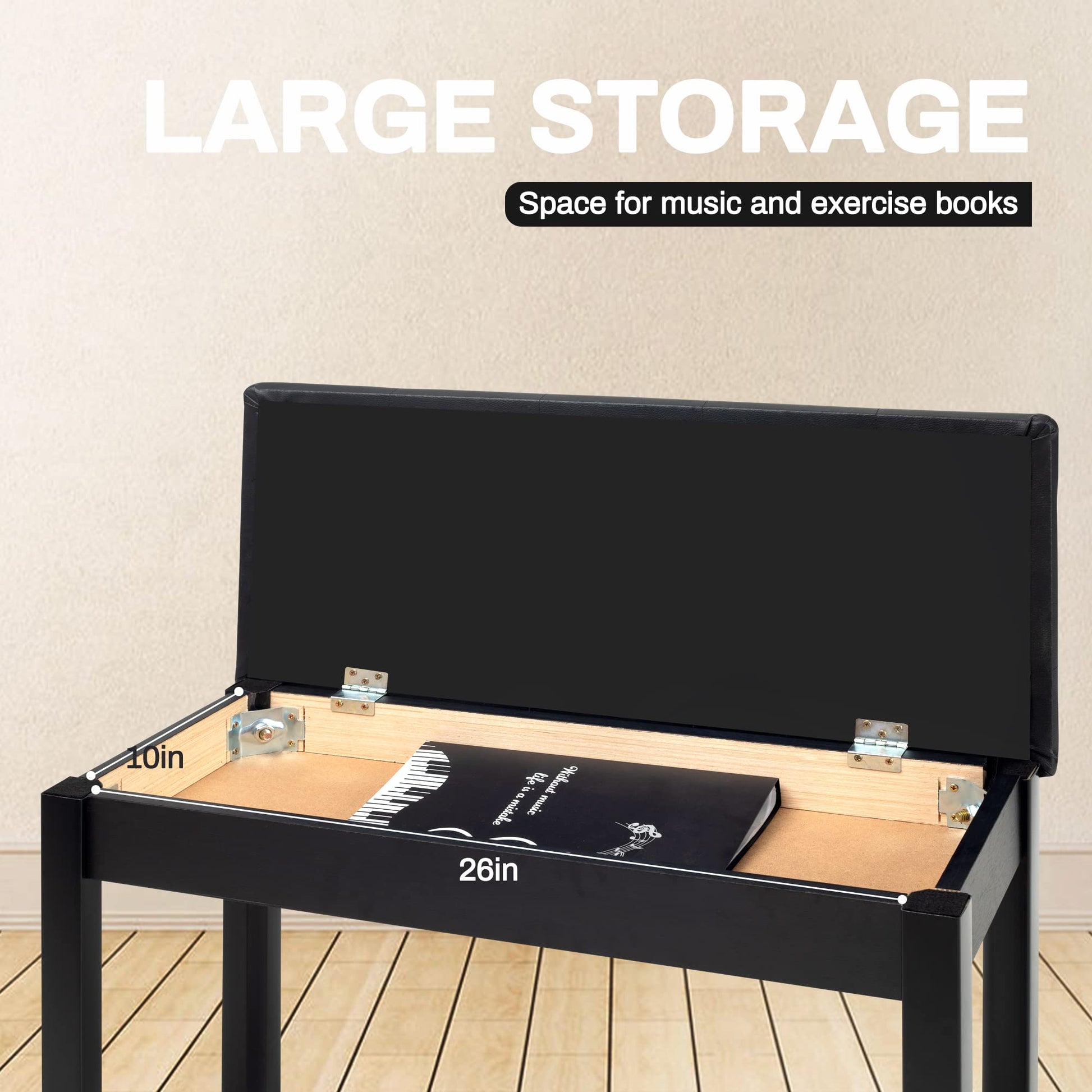 Wooden Duet Piano Bench with Padded Cushion and Storage Compartment, Black