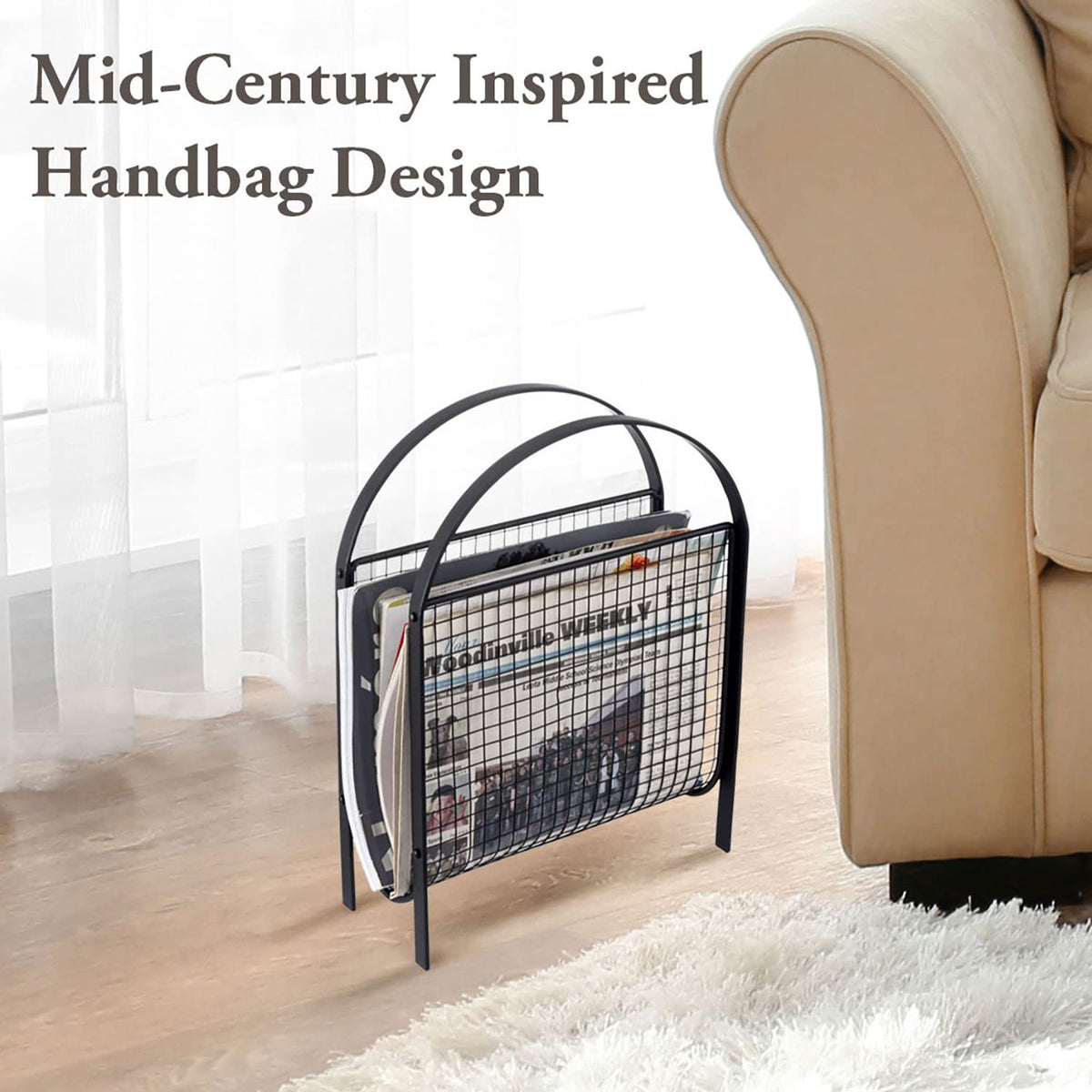 MyGift Mid-Century Design Magazine Rack, Matte Black Tone Metal Mesh Freestanding Magazine