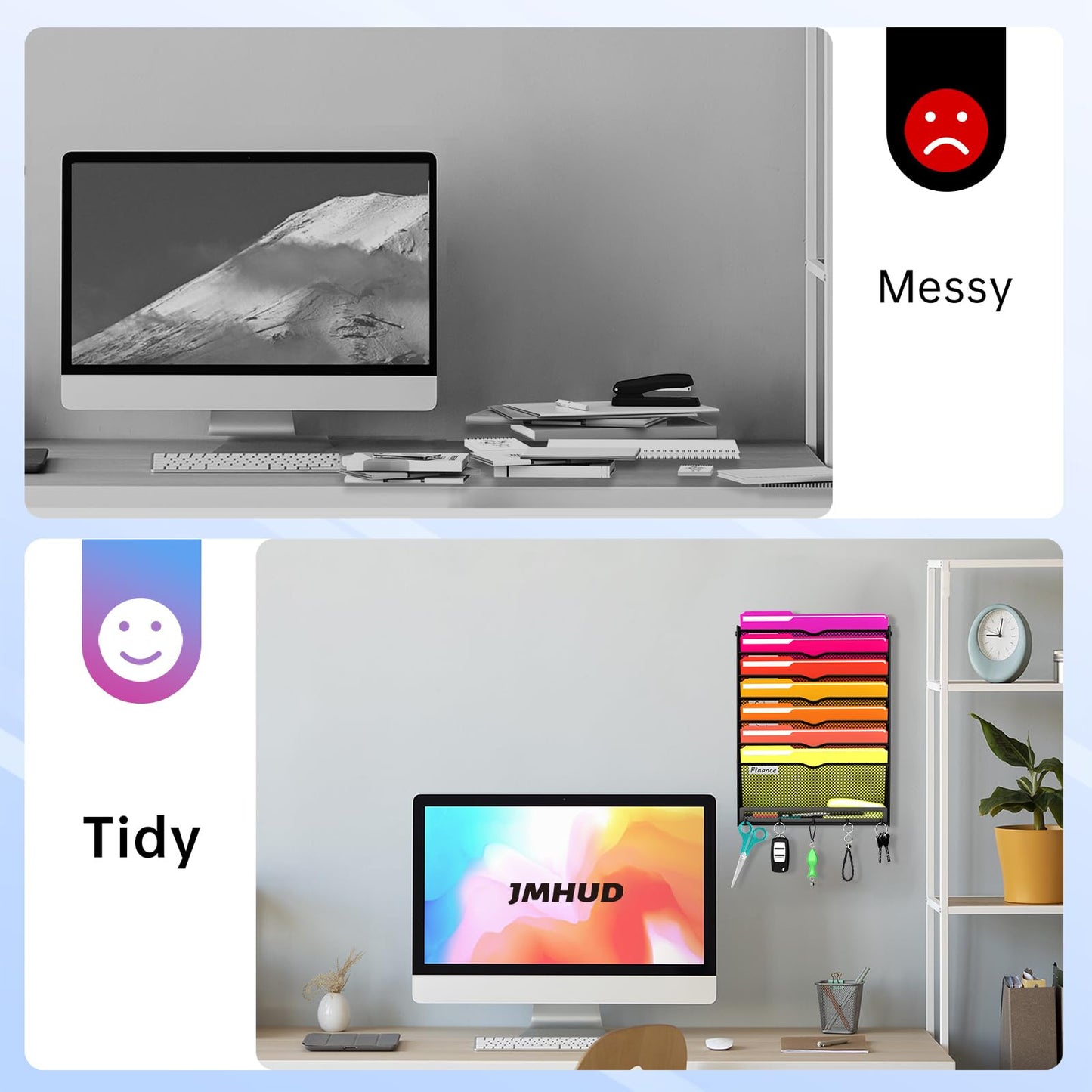 8-Tier Wall File Organizer with Base and Hooks, Hanging Organizer, Black