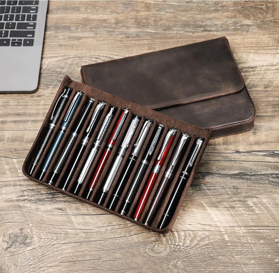 MIVLXLX 12 Slot Fountain Pen Case, Handmade Magnetic,Christmas Gift(Coffee)