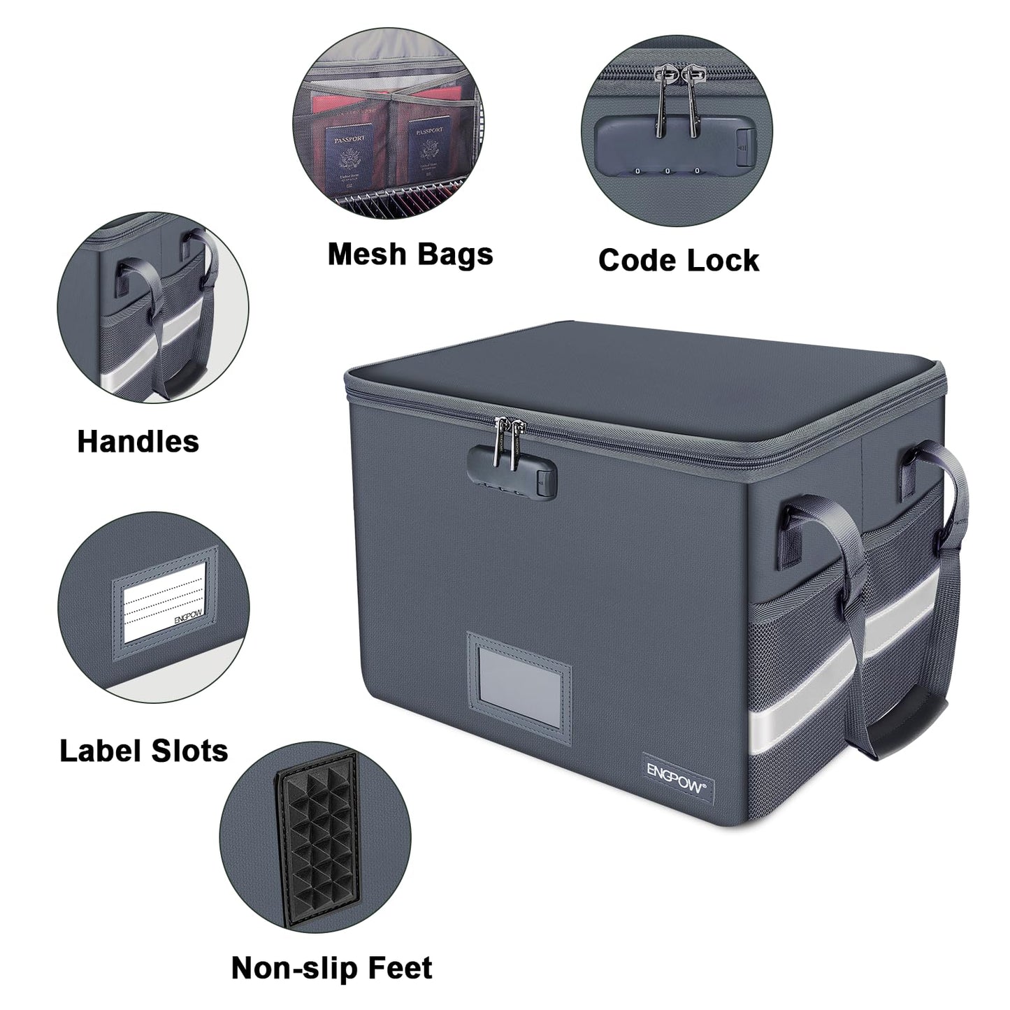 ENGPOW File Box with Lock, Fireproof Document Box with Zipper Lid, Collapsible File Organizer