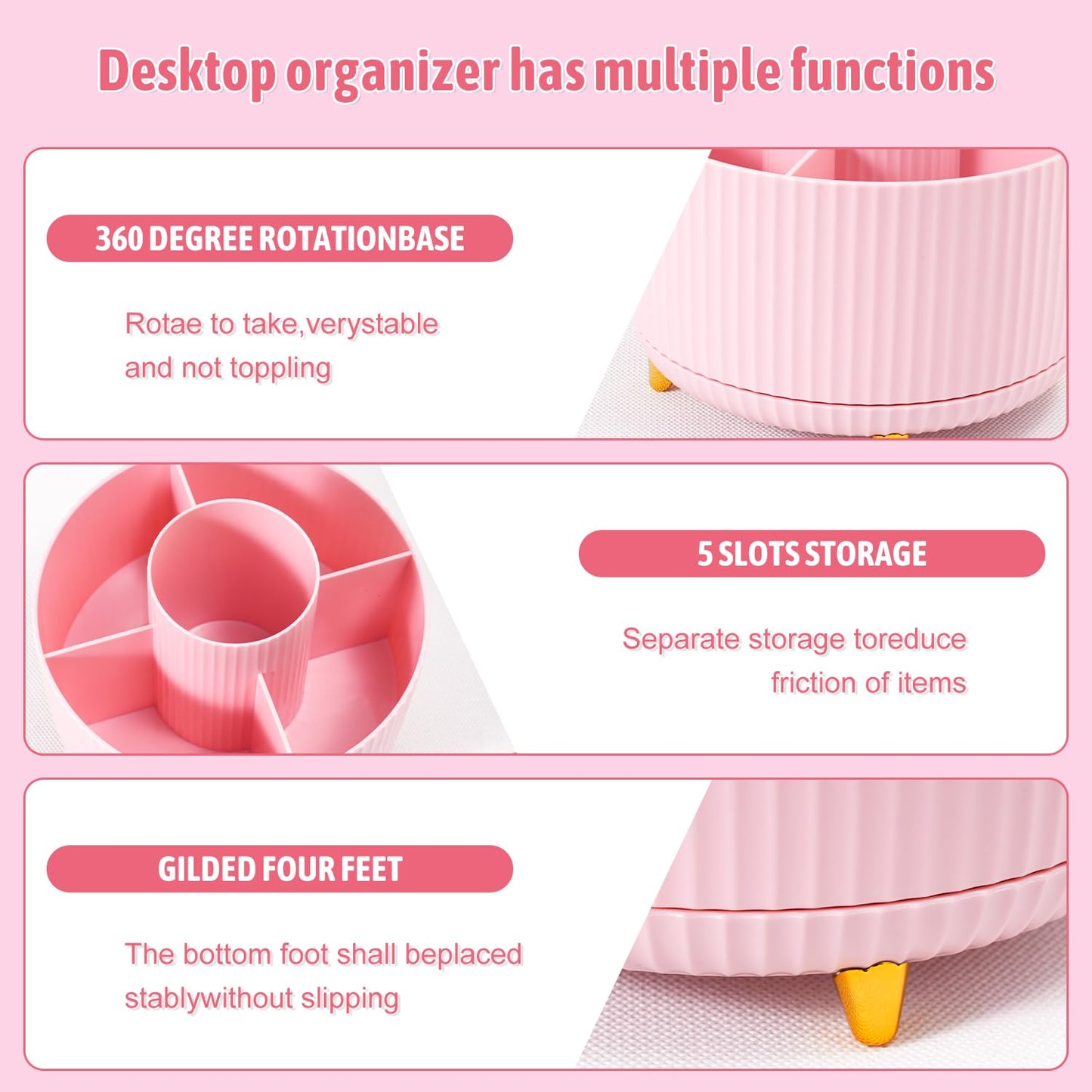 Gawsey Pink Desk Organizers and Accessories with Desk Organizer 360° Rotating Pen Holder and Office