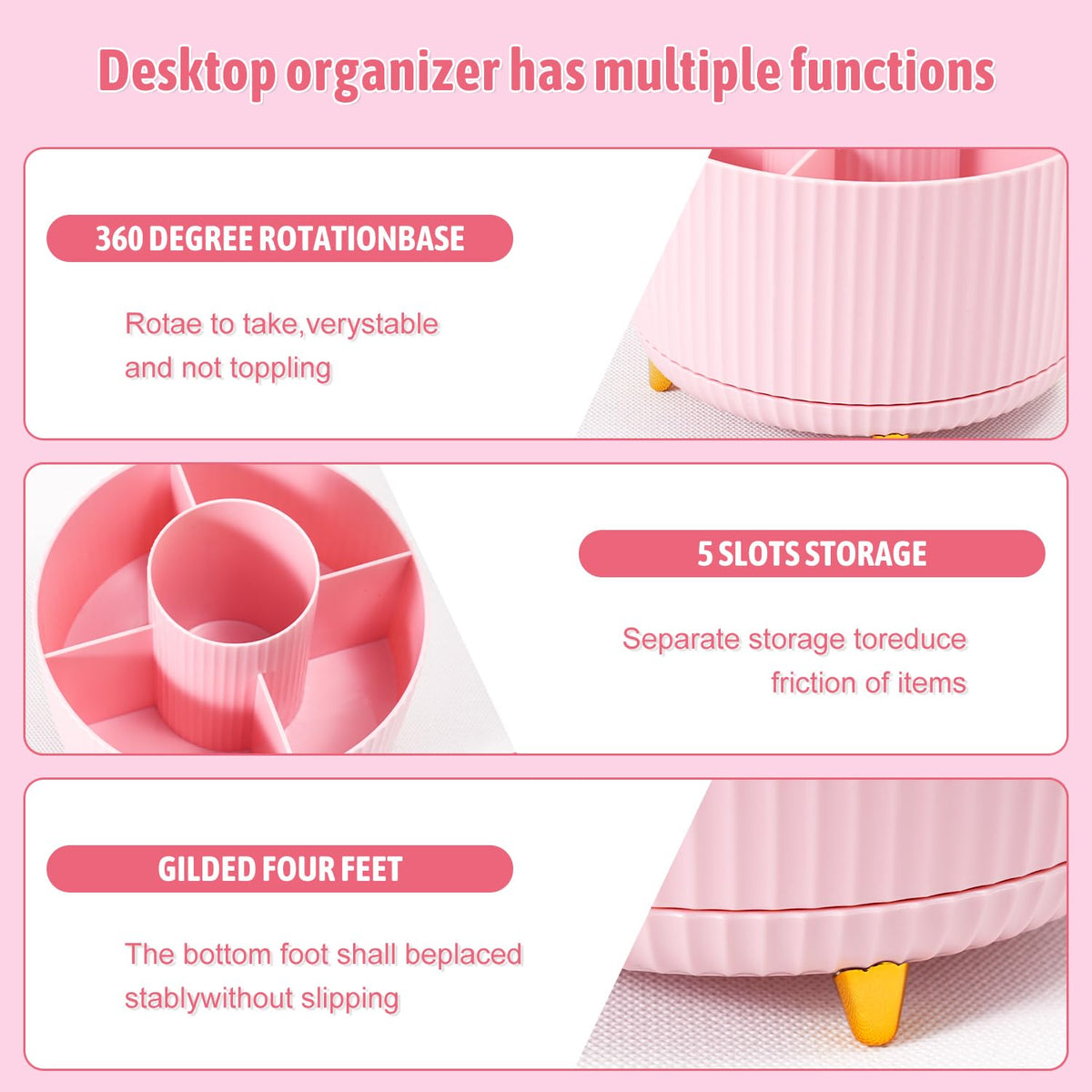 Gawsey Pink Desk Organizers and Accessories with Desk Organizer 360° Rotating Pen Holder and Office