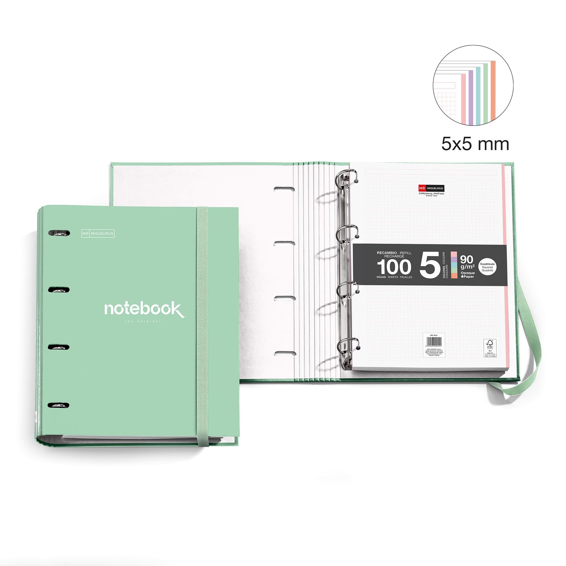 Miquelrius - A4 4 Ring Binder + Refill 100 A4 Sheets, Small Squares 5 mm, Paper 90 g/m², Rubber