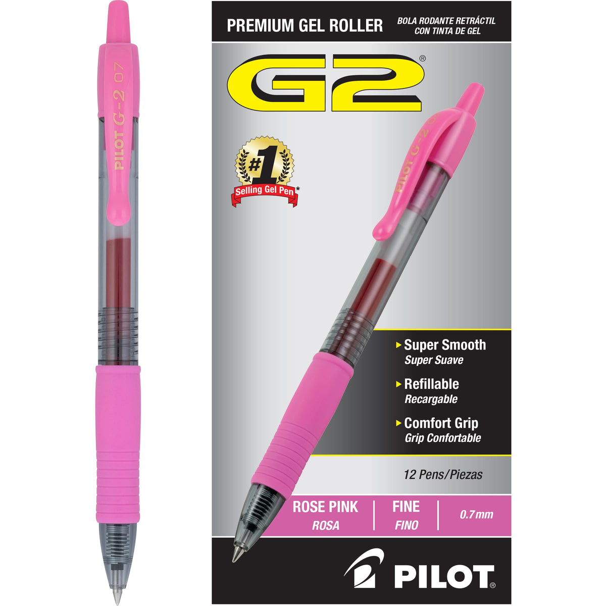 PILOT G2 Premium Rolling Ball Gel Pens, Fine Point 0.7mm, Pink Ink, 12-Pack