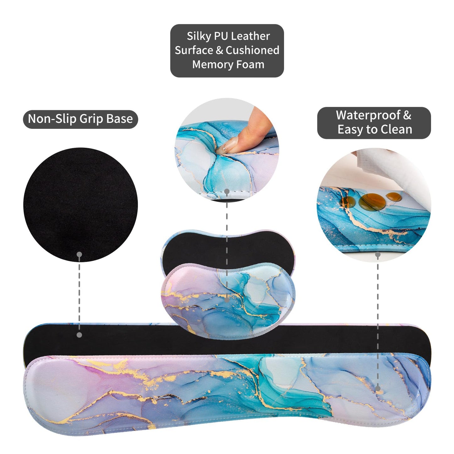 QiyI PU Leather Desk Mat Set, 4-in-1 Ergonomic Wrist Rest, Blue Pink Fluid