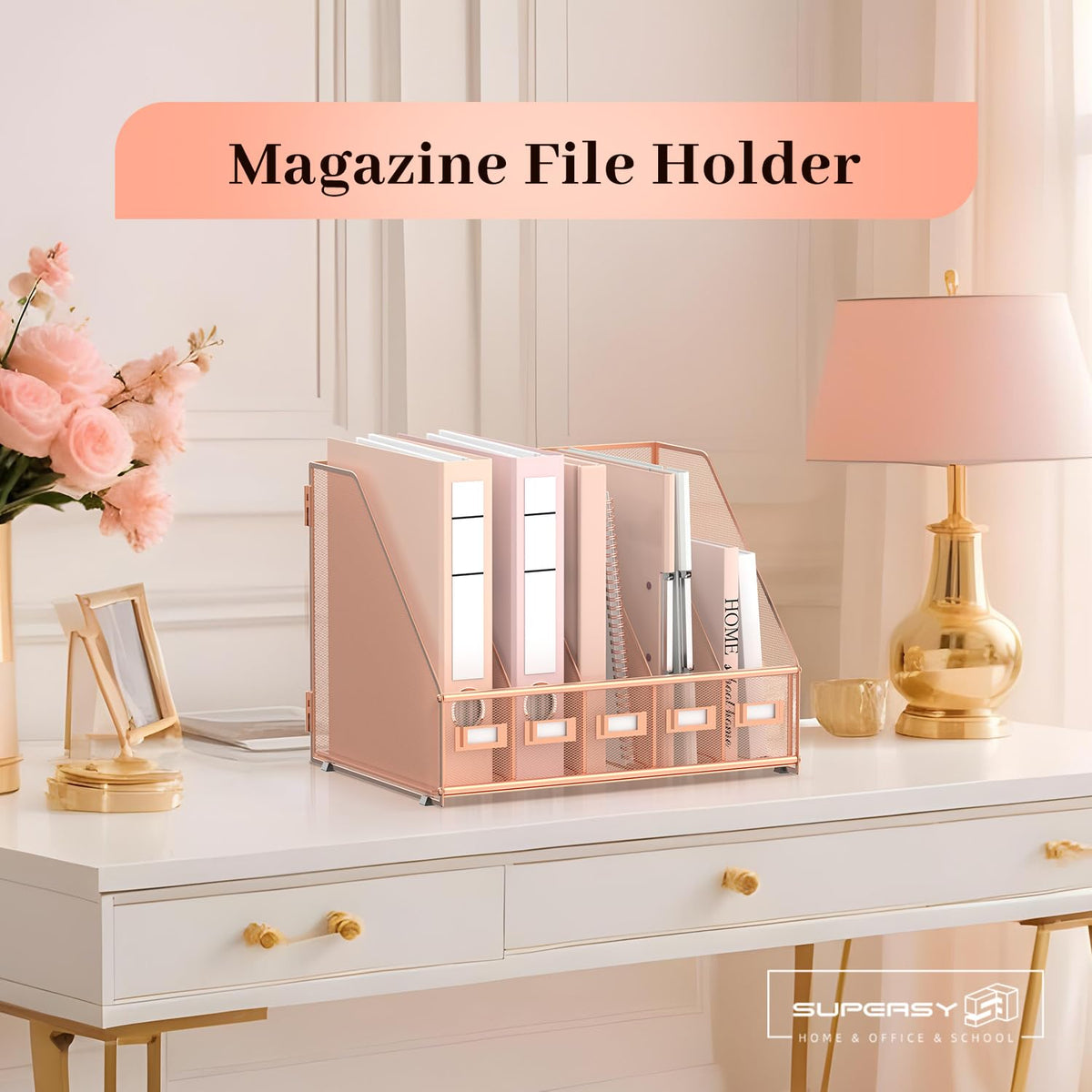 SUPEASY Desk Organizers Metal Desk Magazine File Holder with 5 Vertical Compartments Rack File