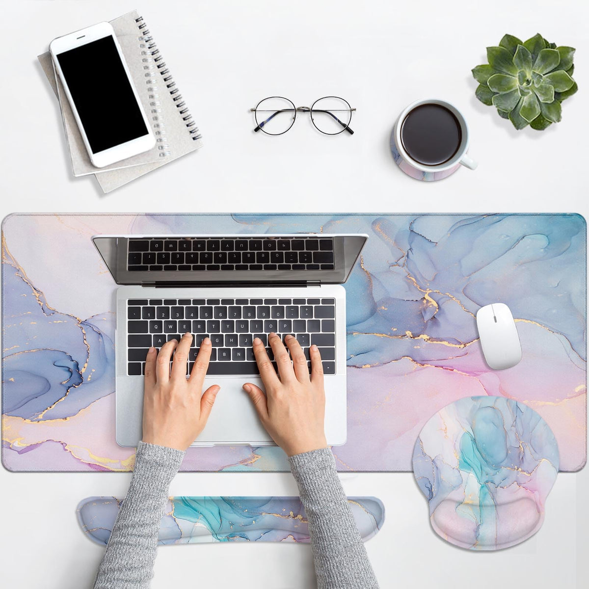 Britimes Keyboard Mouse Pad Set, 4 in 1 Desk Mat Set, Liquid Marbling