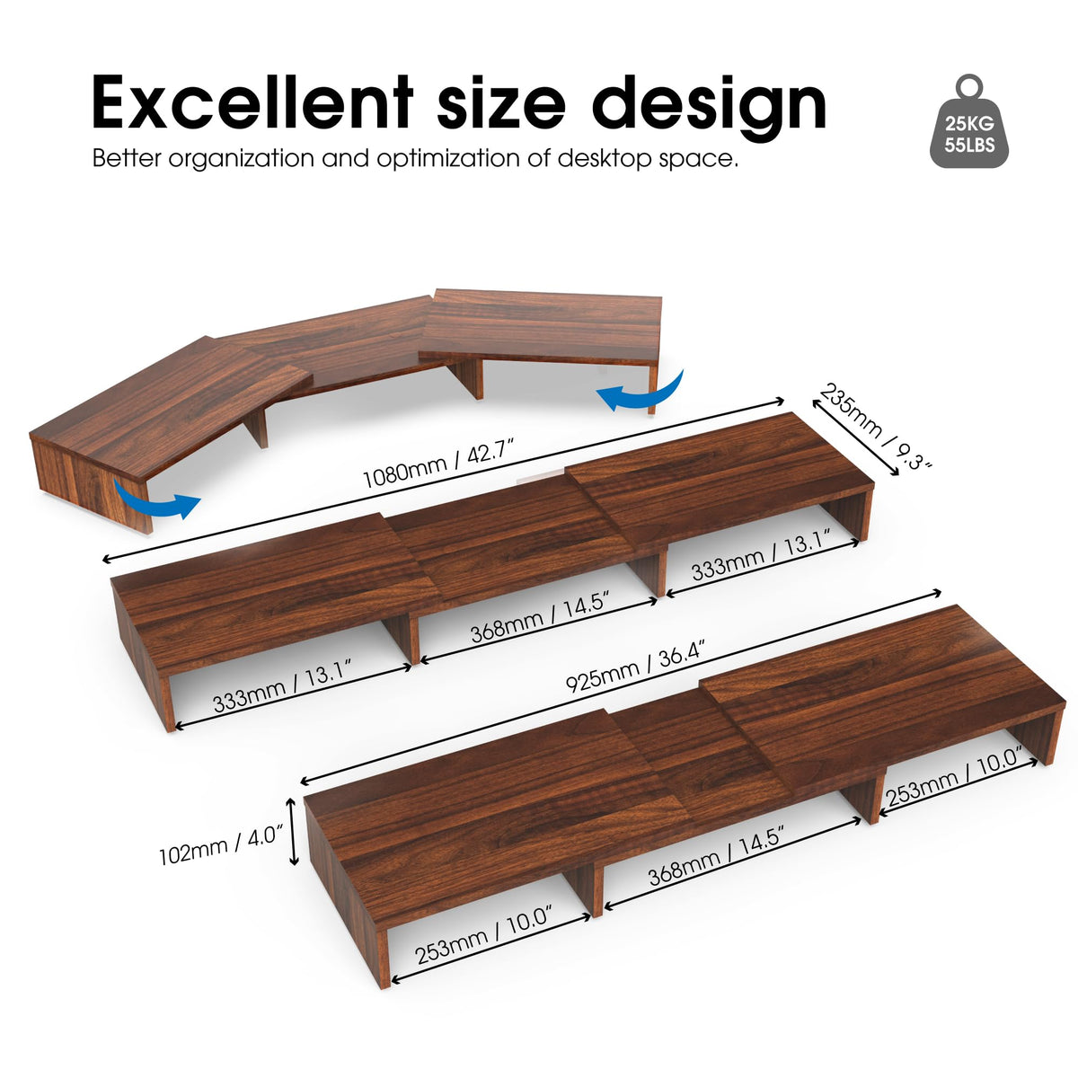 FITUEYES Dual Monitor Stand Riser, Adjustable Length and Angle, Brown