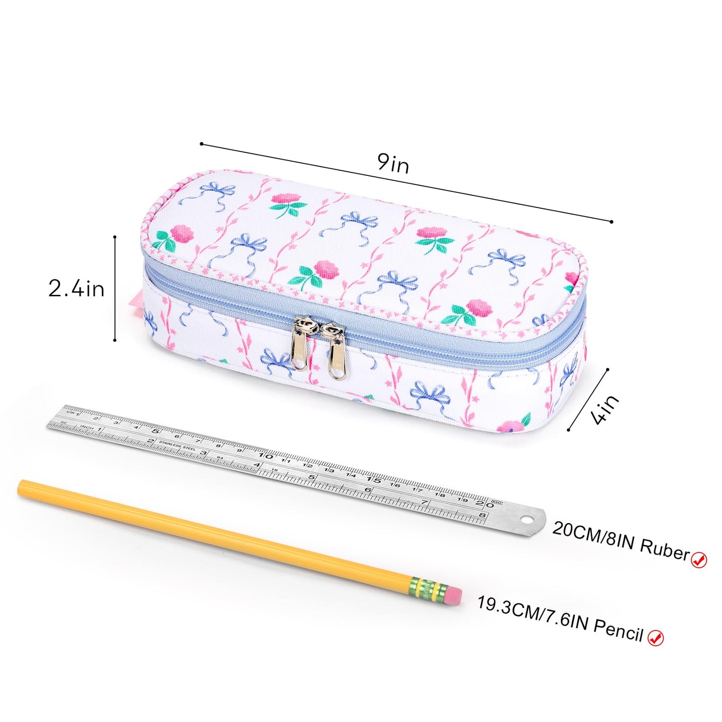 mibasies Girls Pencil Case for Kids, Multi-Slot Pencil Pouch, Bowknot Rose Sky Blue