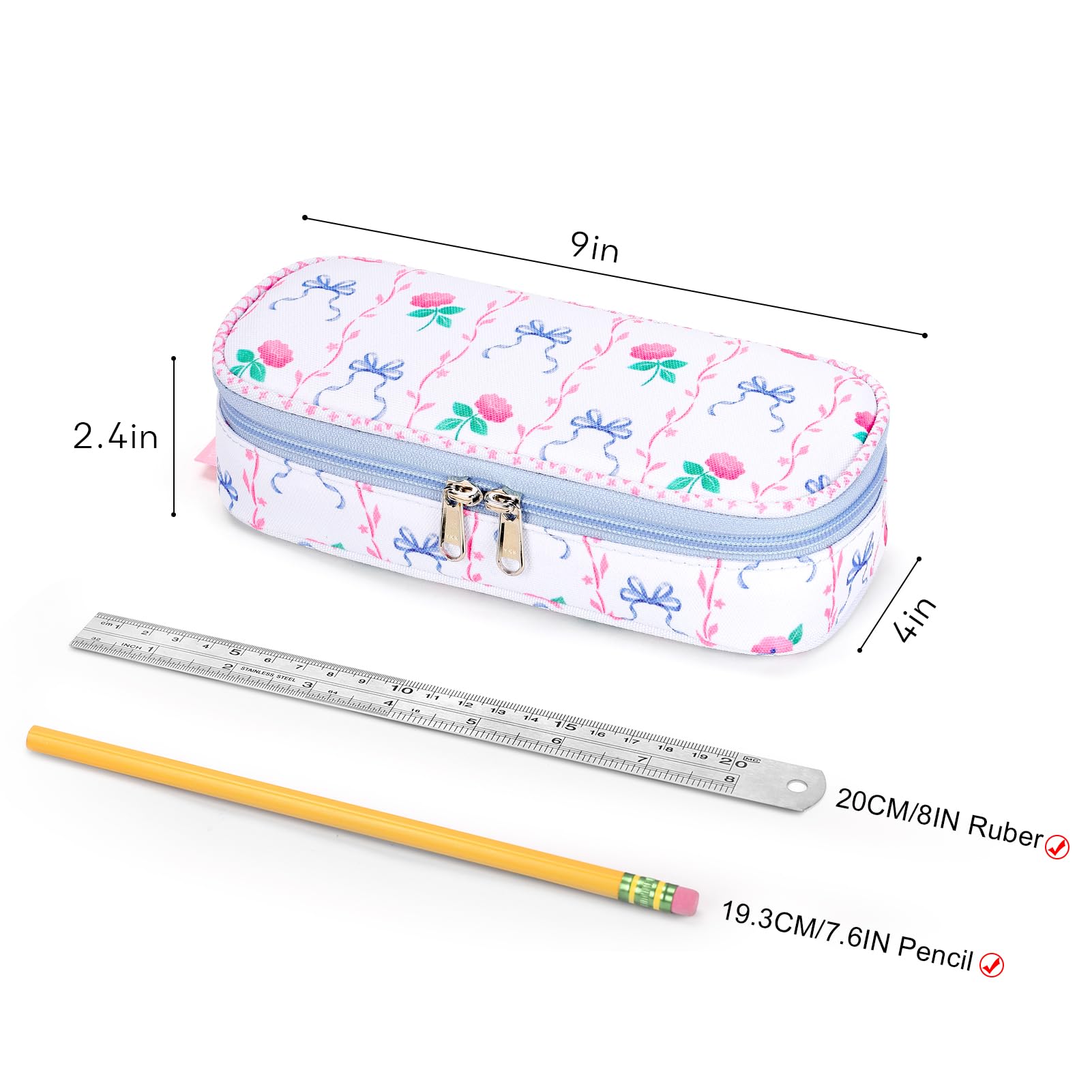 mibasies Girls Pencil Case for Kids, Multi-Slot Pencil Pouch, Bowknot Rose Sky Blue