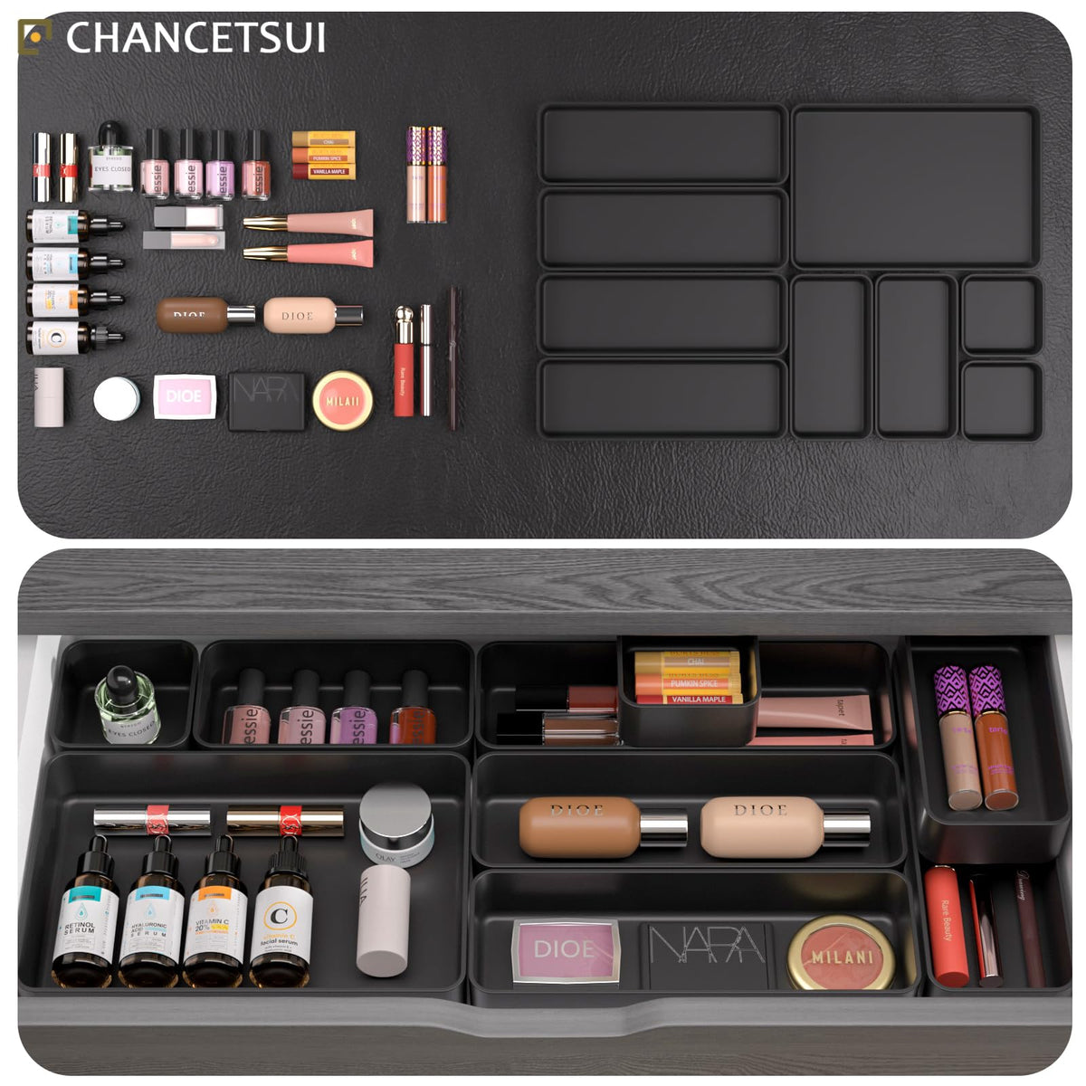 Black Bathroom Drawer Organizer Trays: 9 PC Stackable Desk Organizers Bin