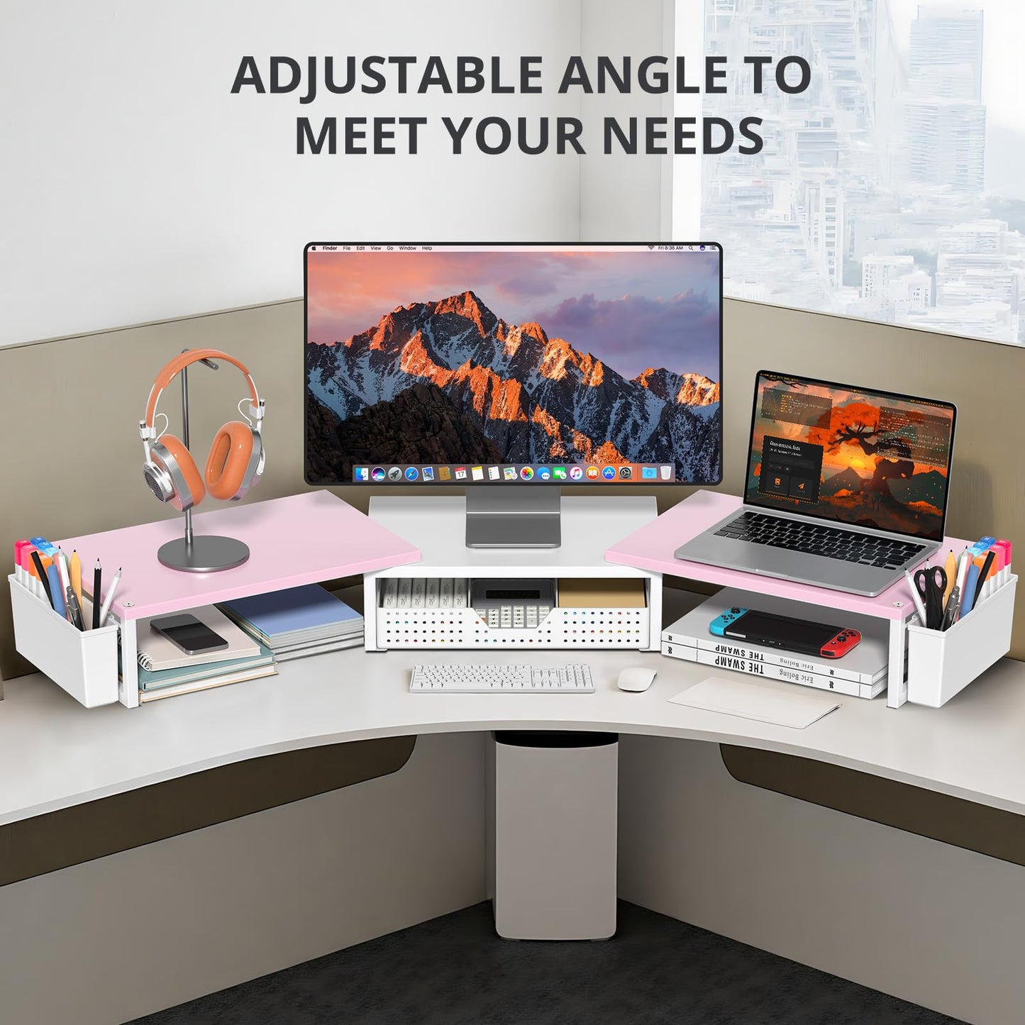 OPNICE Desk Organizers and Accessories, Dual Monitor Stand Riser with Drawer and 2 Pen Holders