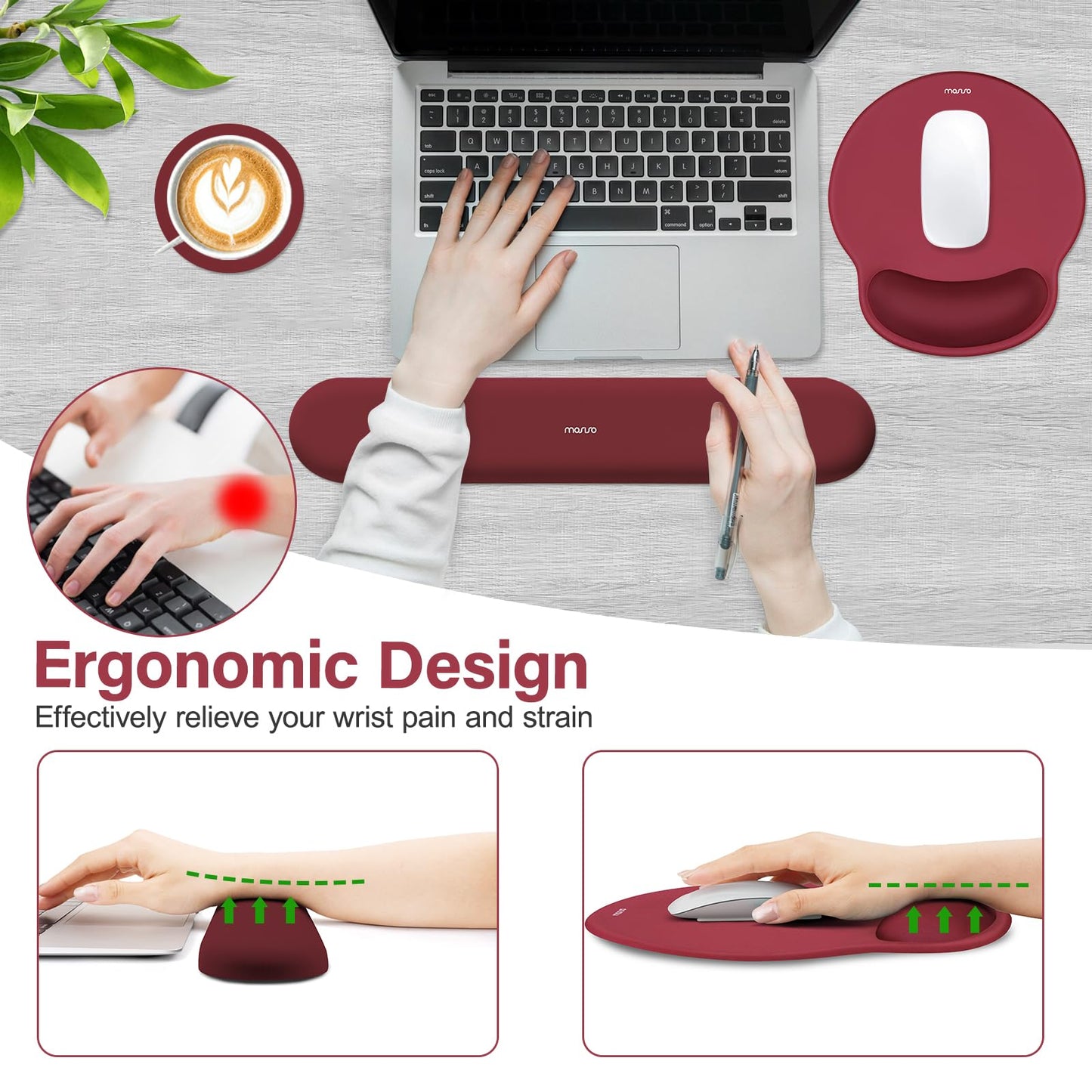 MOSISO Wrist Rest Support for Mouse Pad&Keyboard Set, Wine Red