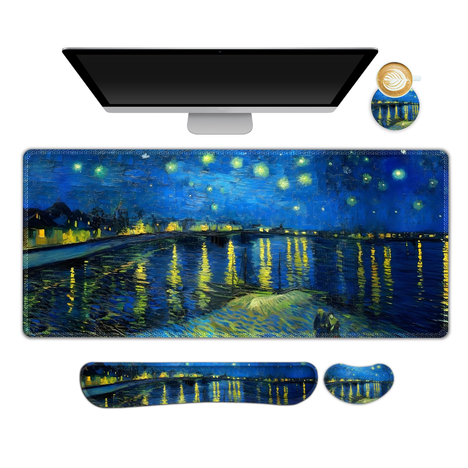 NXZGO Large Gaming Mouse Pad Set, 4 in 1 Ergonomics Keyboard Desk Mat Memory Foam Wrist Rest