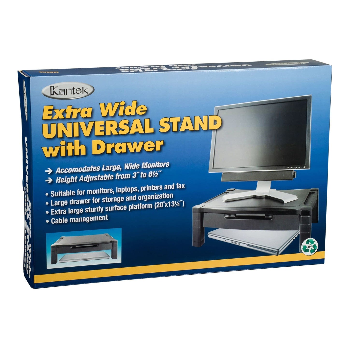 Kantek Wide Deluxe Two-Level Monitor Stand With Drawer, 20" X 13.25" X 3" To 6.5", Black, Supports