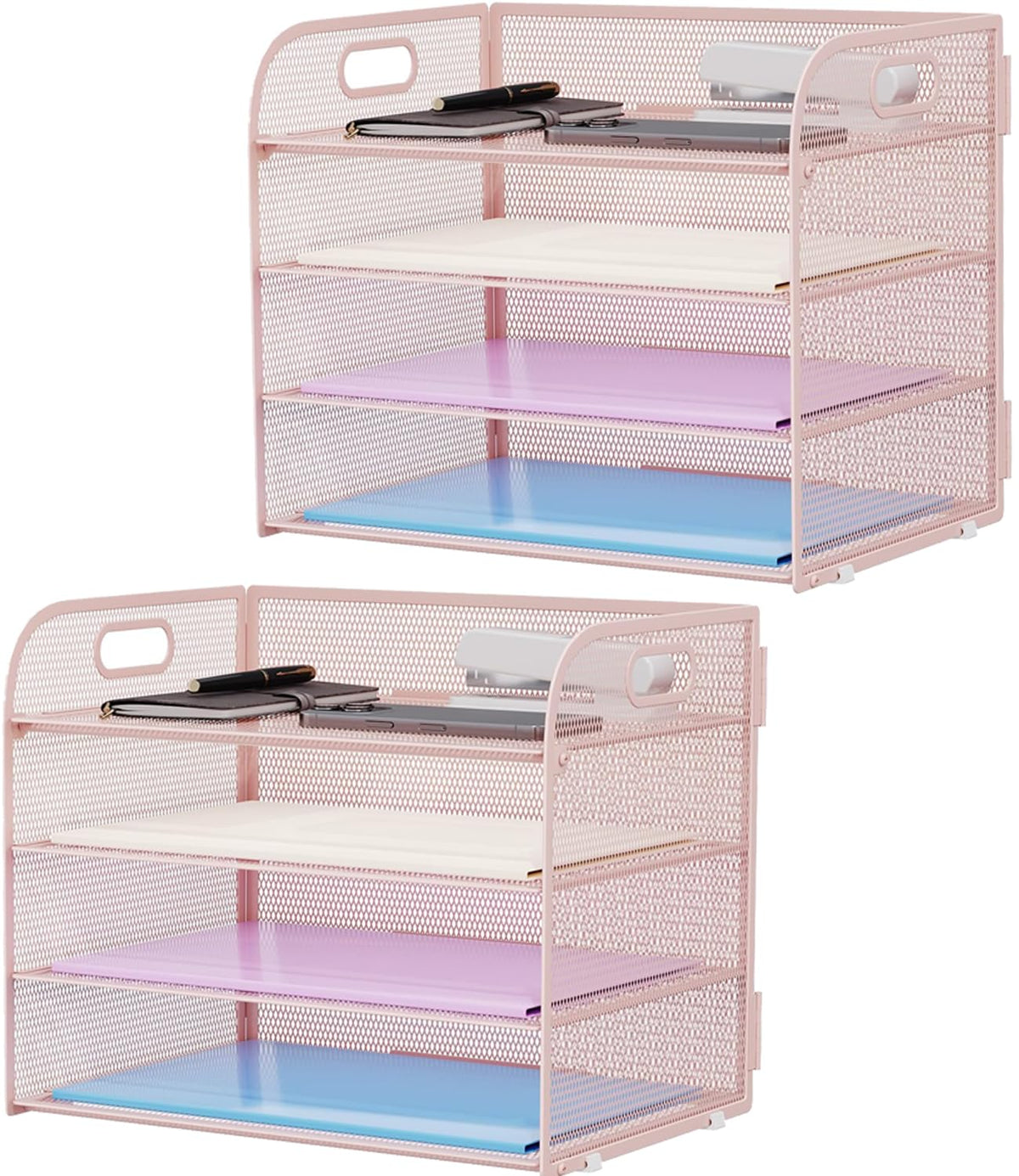 Marbrasse 2 Pack 4 Tier Paper Organizer Letter Tray - Mesh Desk File Organizer with Handle, Paper
