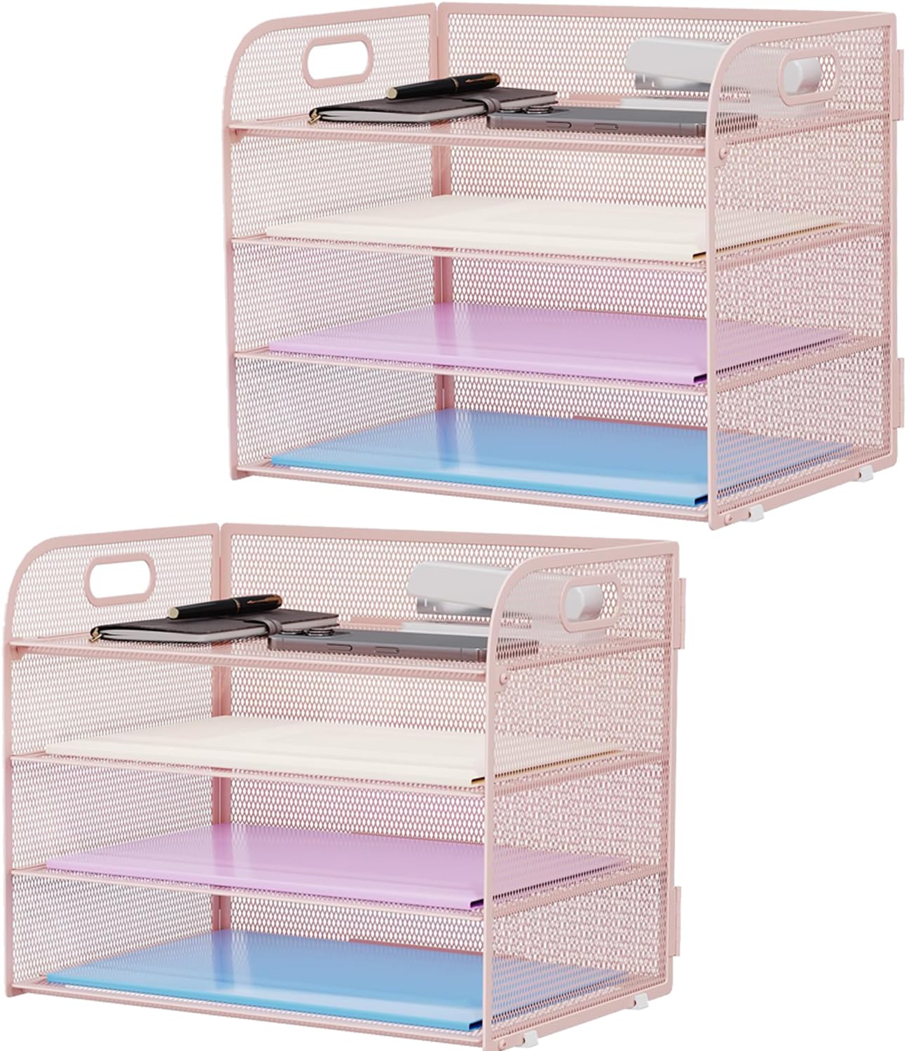 Marbrasse 2 Pack 4 Tier Paper Organizer Letter Tray - Mesh Desk File Organizer with Handle, Paper