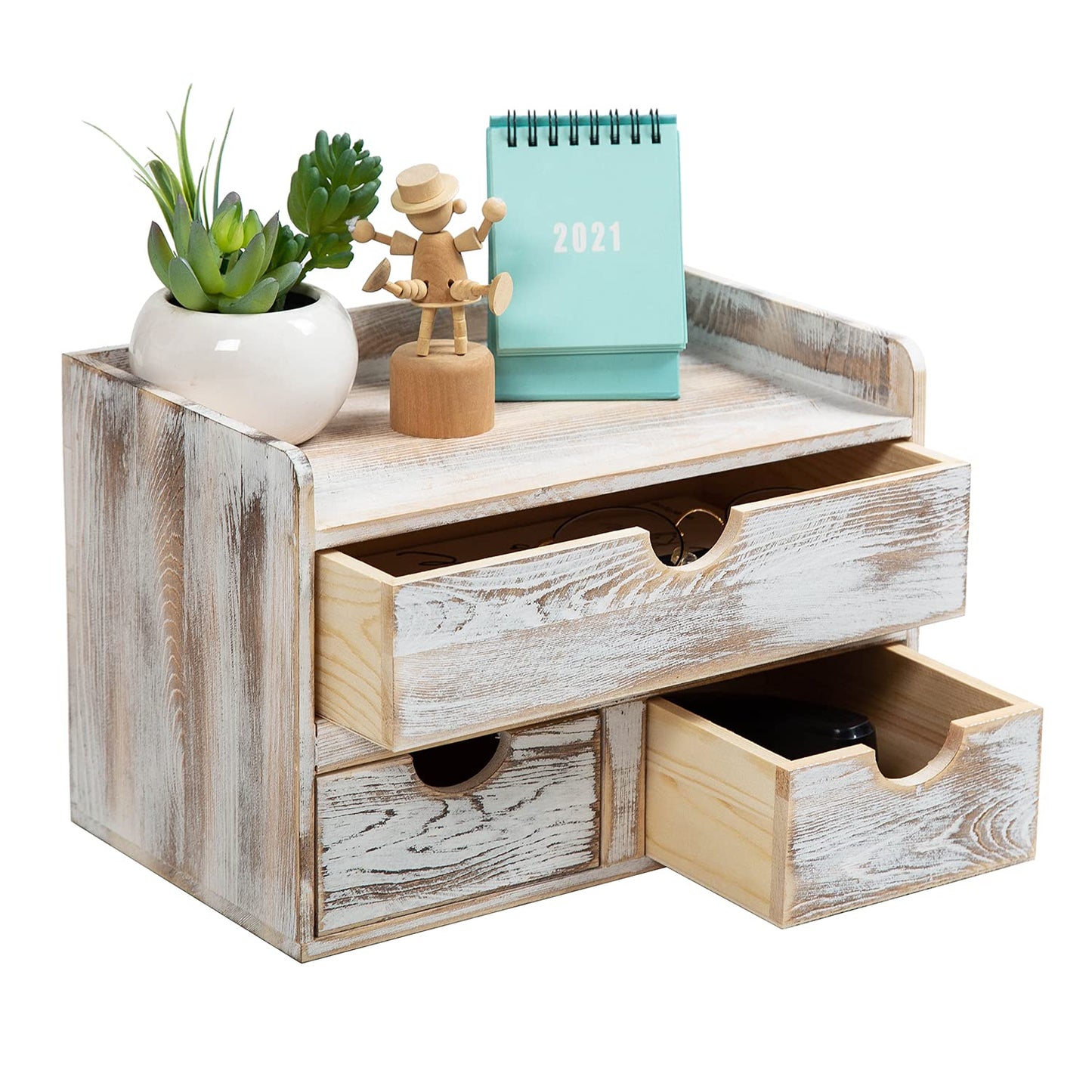 Rustic Distressed white 3-Tier Wood Desk Organizer with 3 Drawers Mini Storage Shelf For Desk