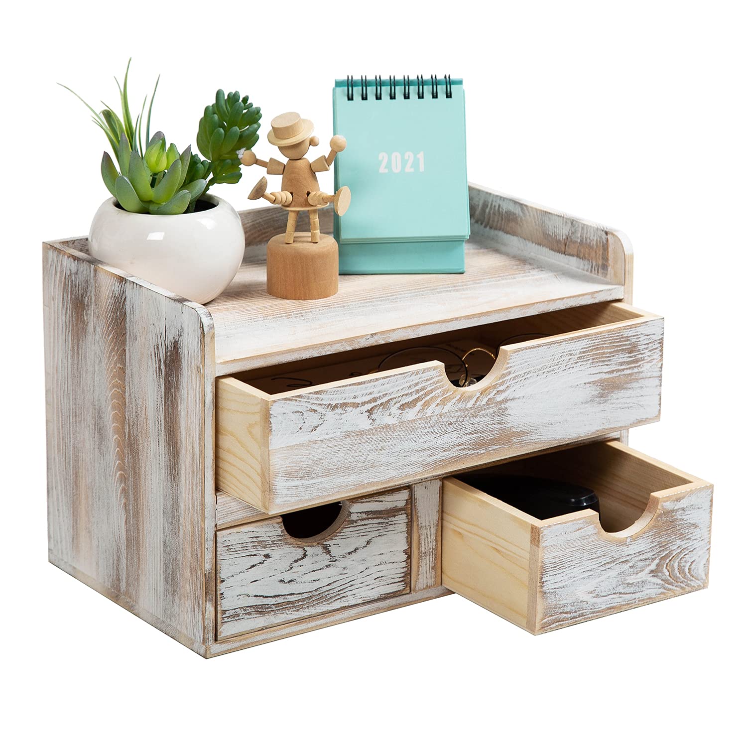 Rustic Distressed white 3-Tier Wood Desk Organizer with 3 Drawers Mini Storage Shelf For Desk