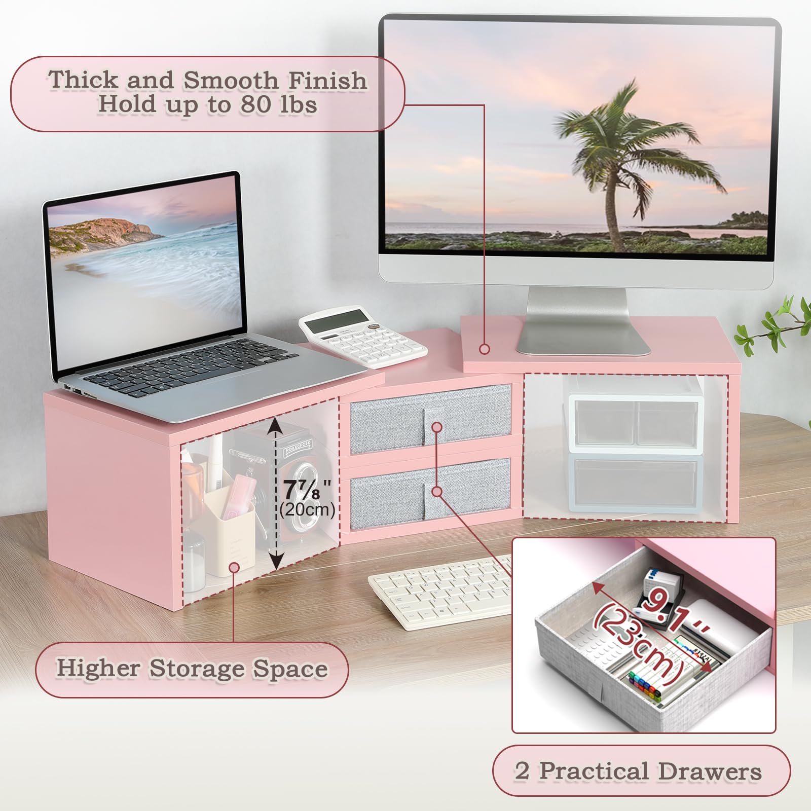 TEAMIX Pink Dual Monitor Stand Riser with 2 Drawers - Length and Angle Adjustable Double Corner
