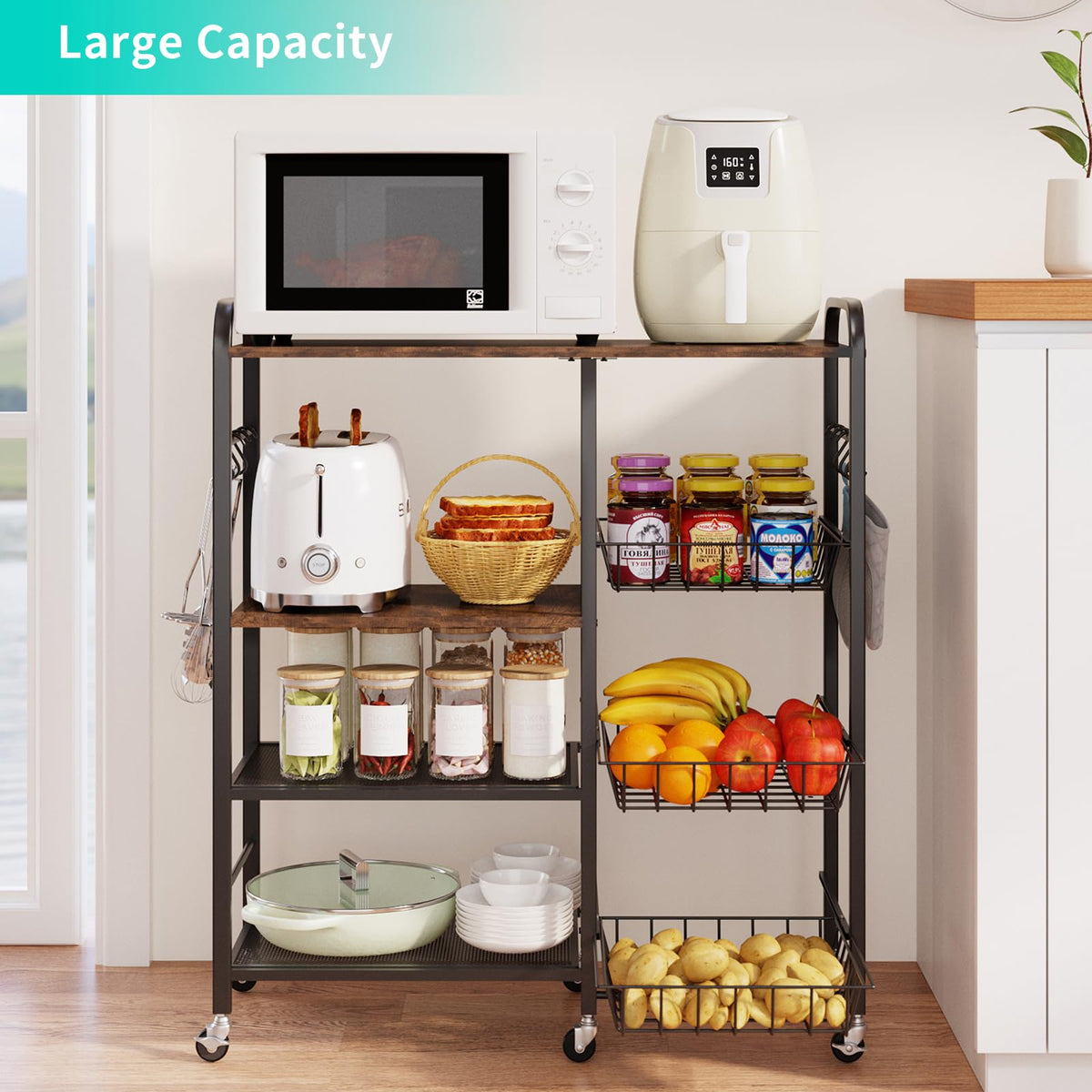 HapiRm Rolling Kitchen Microwave Cart - 4 Tier Microwave Table Stand with Pull-Out Baskets, Coffee