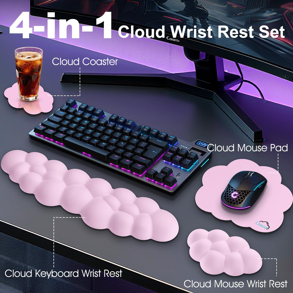 Retuhapy Cloud Wrist Rest Keyboard Cushion and Cloud Mouse Pad, Pink