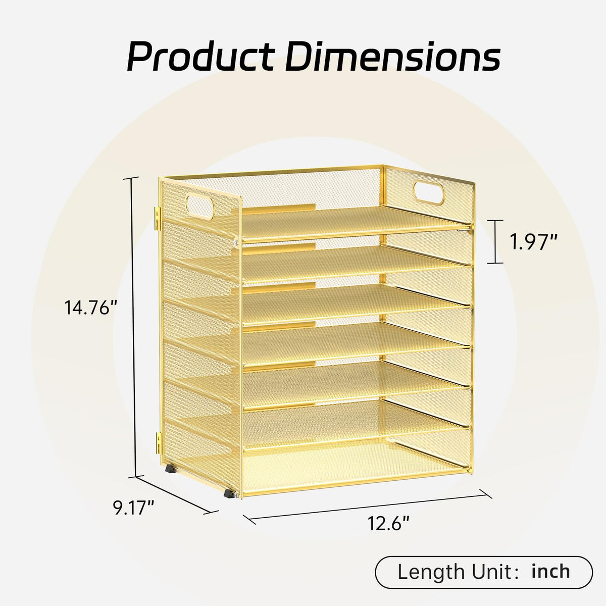7 Tier Paper Organizer for Desk with Mesh Letter Trays and Handle Gold