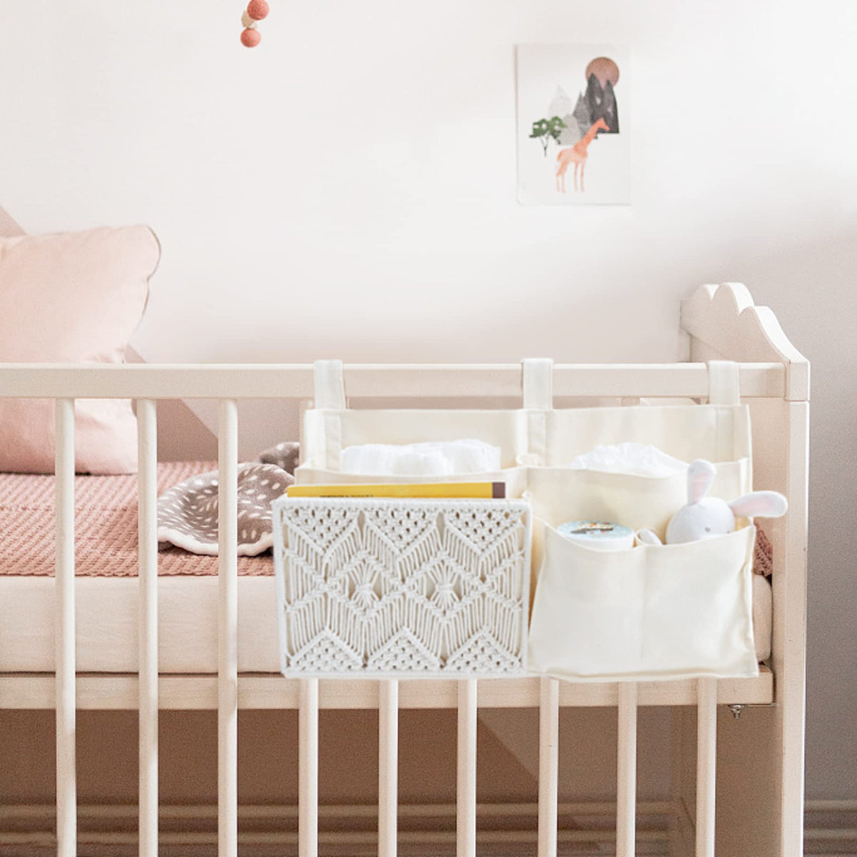 Mkono Bedside Caddy, Macrame Bunk Bed Hanging Organizer, 7 Pockets Ivory