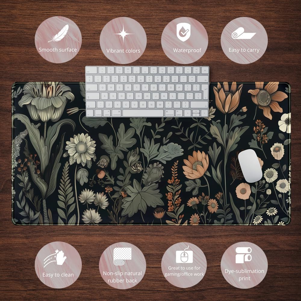 Aesthetic Vintage Dark Flower Plants Wildflowers Large Gaming Mousepad XXL Keyboard Mouse Mat Full