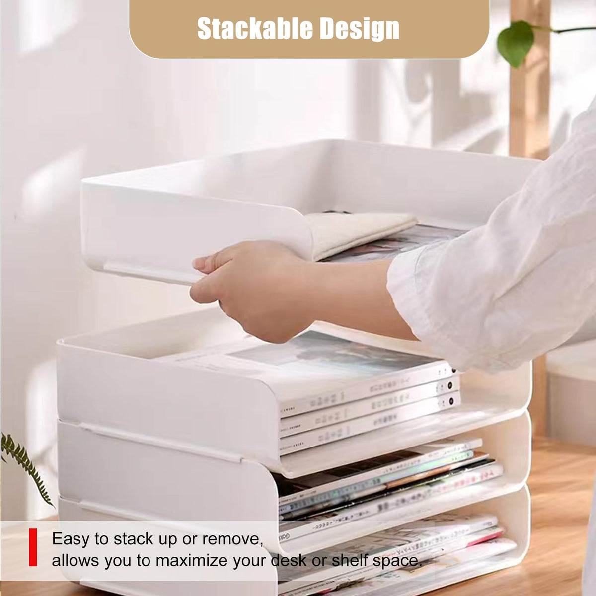 4 Tier Desk Organizer, Stackable Paper Tray Organizer for Document, Letter, A4 File Paper, Desk