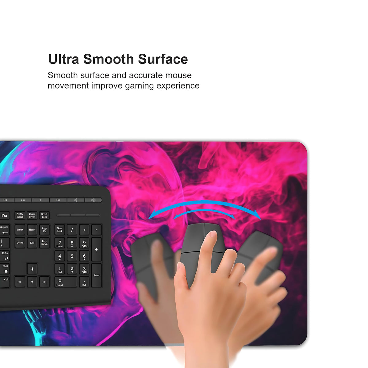Aesthetic Skull Gaming Mouse Pad, Blue Pink Cyber Desk Mat with Anti-Slip Base & Stitched