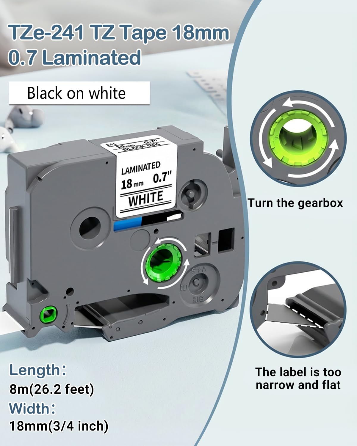 Label Maker Tape Compatible with TZ Tape 18mm 0.7'' Laminated White TZe-241