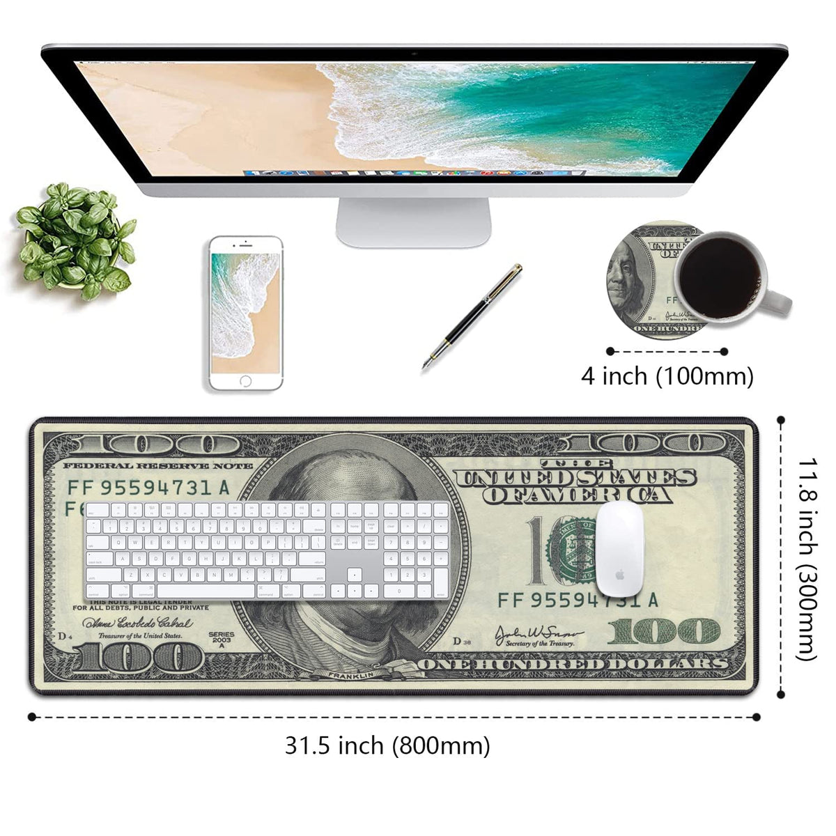 Desk Pad Mat Gaming Mouse Pads with Coasters, 31.5"x 11.8" XXL Large Big Computer Keyboard Mouse