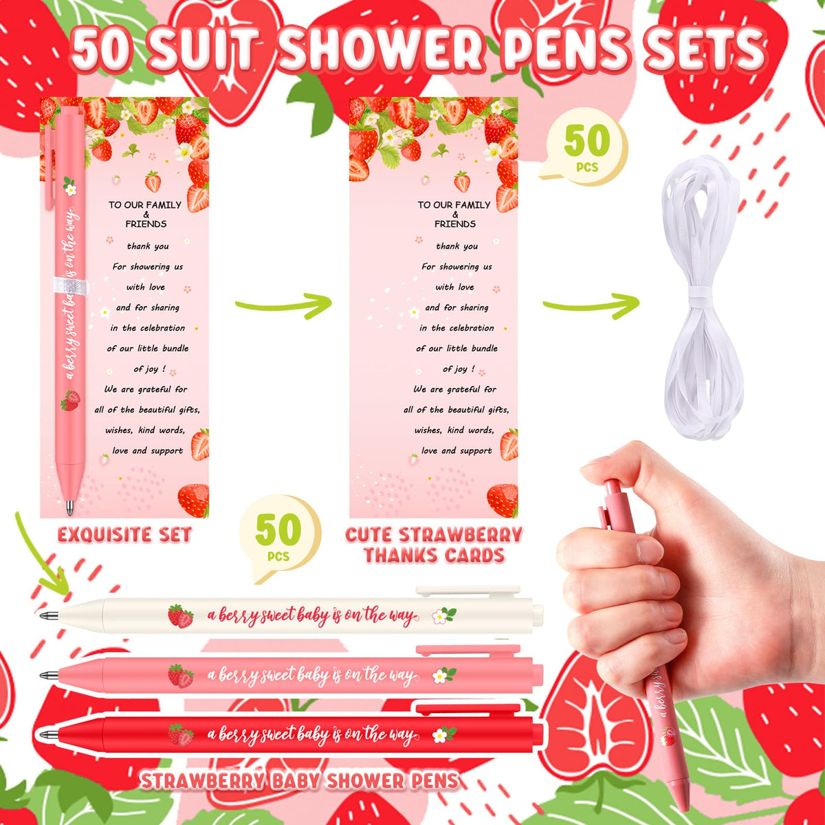 Feifeiya 100 Pcs Strawberry Baby Shower Favors Baby Shower Decorations 50 Retractable Strawberry