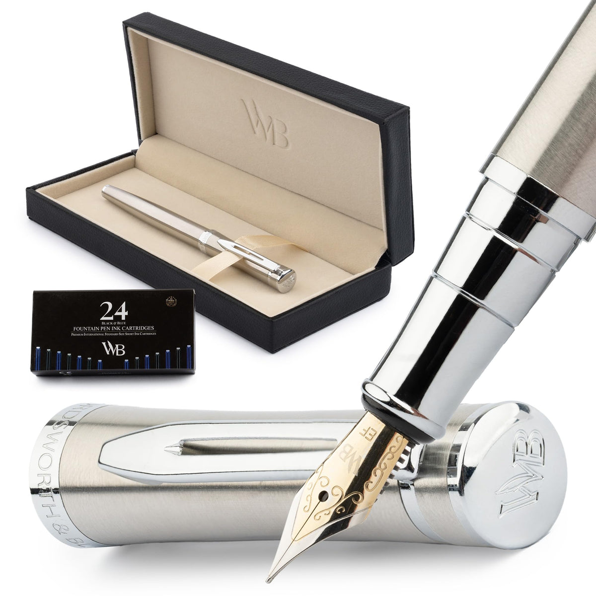 Wordsworth & Black Fountain Pen Set for Writing,Extra Fine Nib, Silver