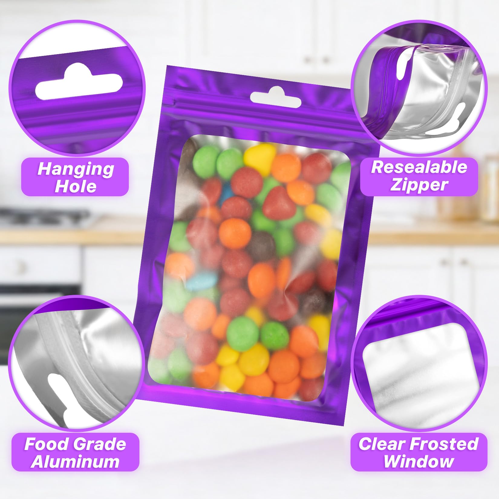 ANZNKU 100Pcs Purple Mylar Bags, Resealable Smell Proof Zip Goodie Baggies