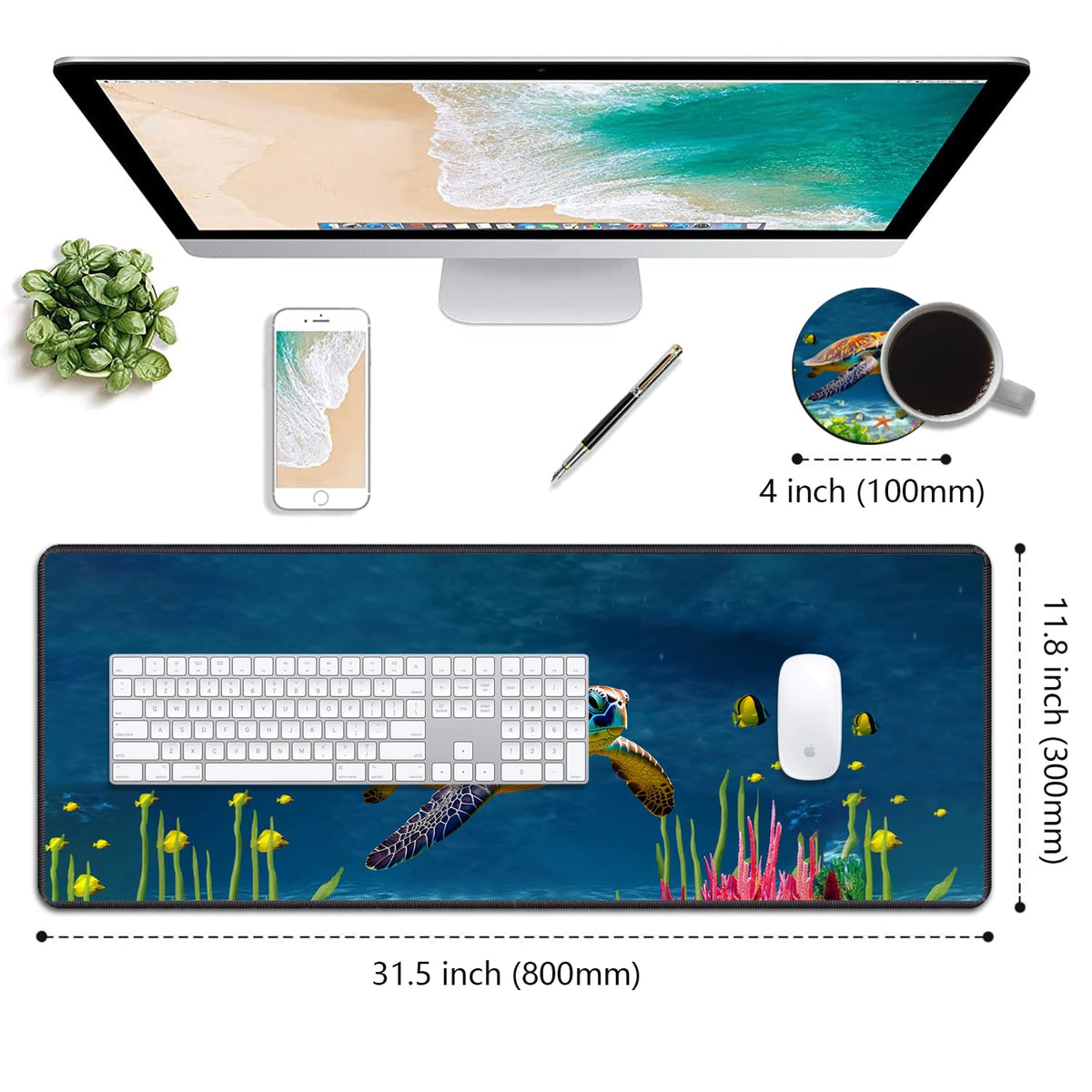 Desk Pad Mat Gaming Mouse Pads with Coasters, 31.5"x 11.8" XXL Large Big Computer Keyboard Mouse