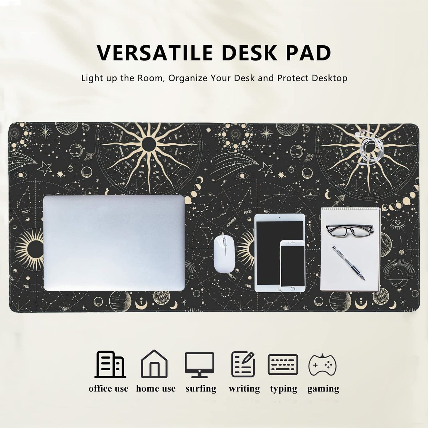 Vintage Moon Phases Extended Gaming Mouse Pad Large Desk Mat with Non-Slip Rubber Base and Stitched