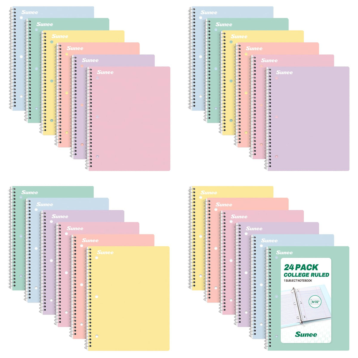 SUNEE Spiral Notebooks, 24 Pack, 1-Subject, College Ruled Paper, 8" x 10-1/2", 70 Sheets per