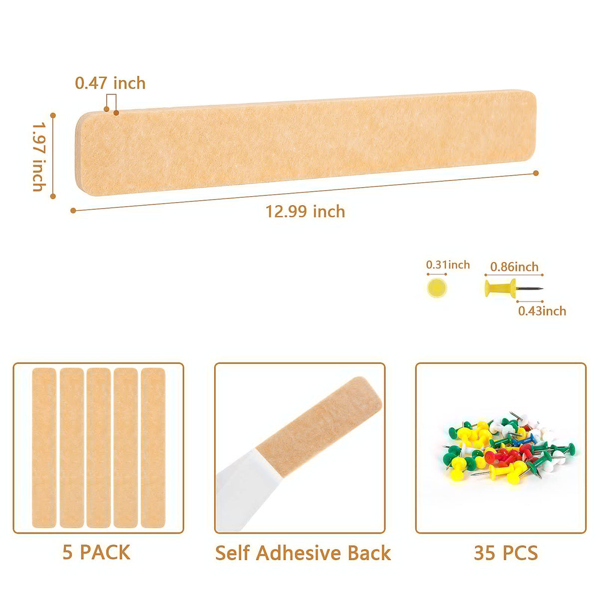 5 Pack Felt Pin Board Bar Strips Bulletin Board for Bedrooms Offices Home Wall Decoration, Notice
