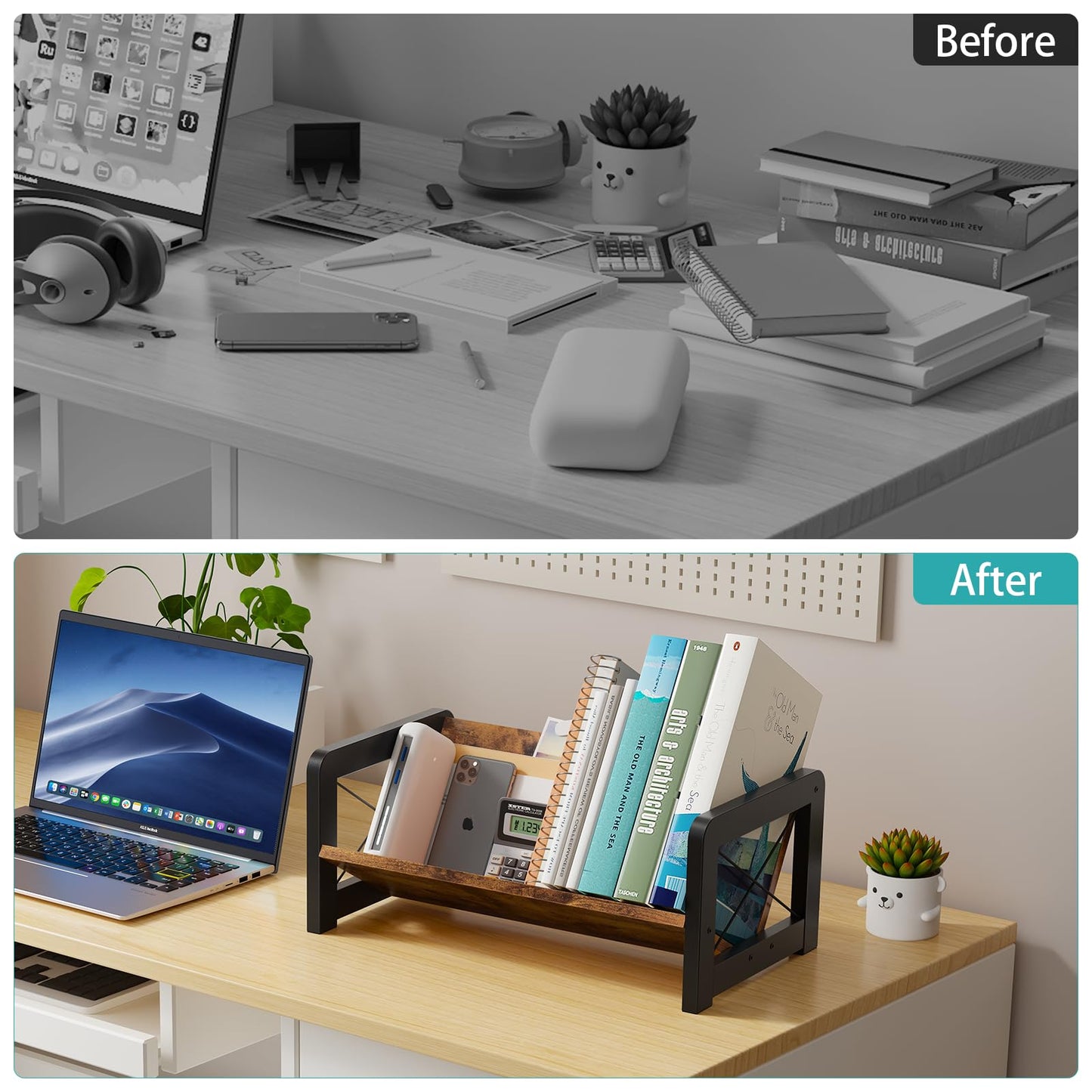 ELITEROO Desktop Bookshelf Organizer, Wood Slanted Desk Bookshelf, Small Tabletop Book Rack