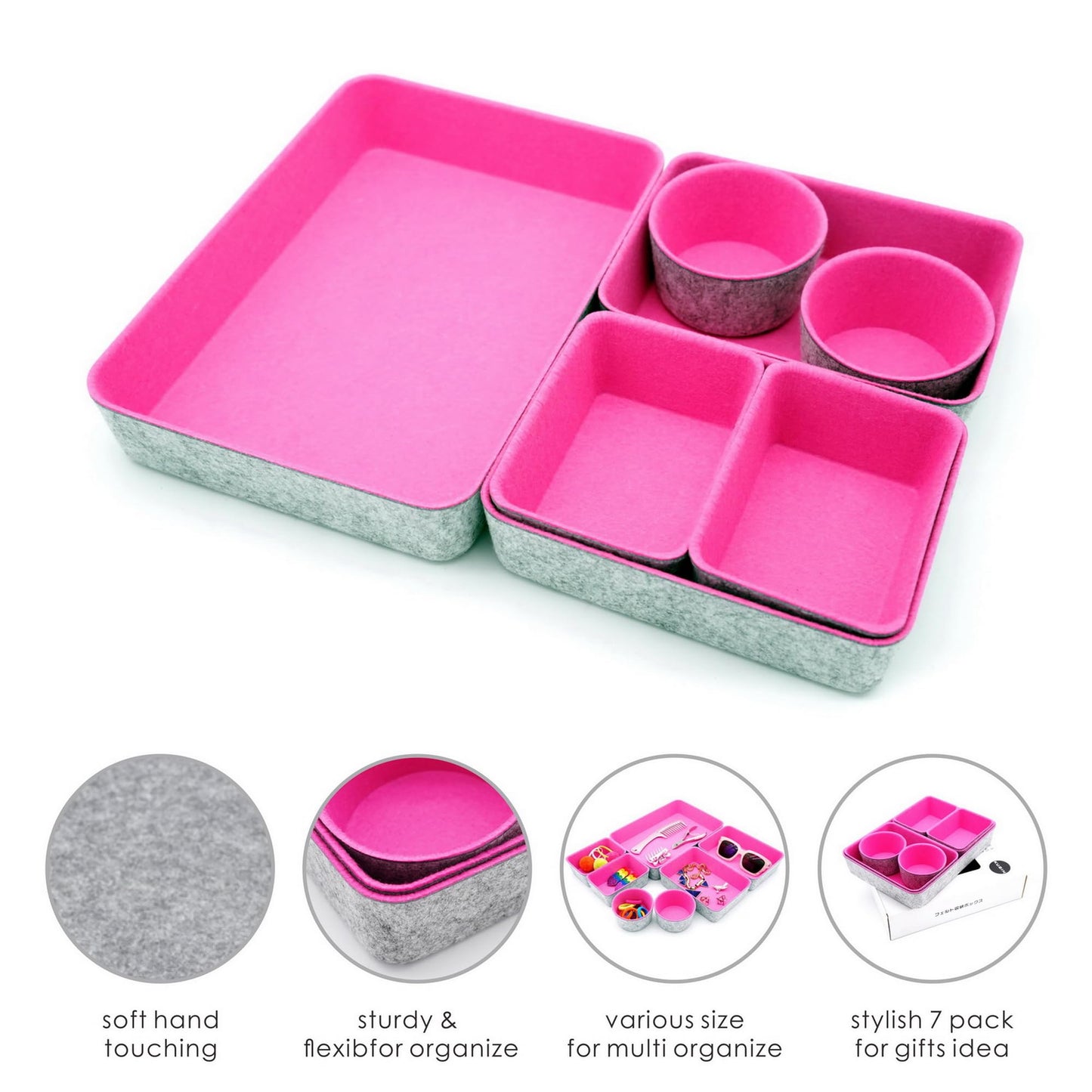 Welaxy Drawer organizer bins felt tray desk storage dividers 7pc Hot pink