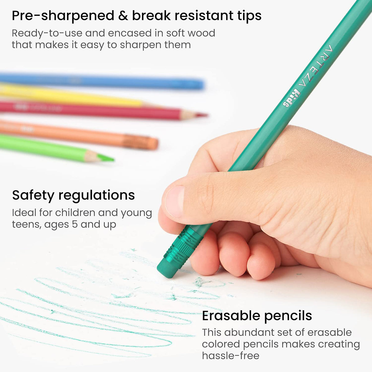 Arteza Kids Erasable Colored Pencils, Set of 48, Triangular Pencil Crayons, Pre-Sharpened, Art